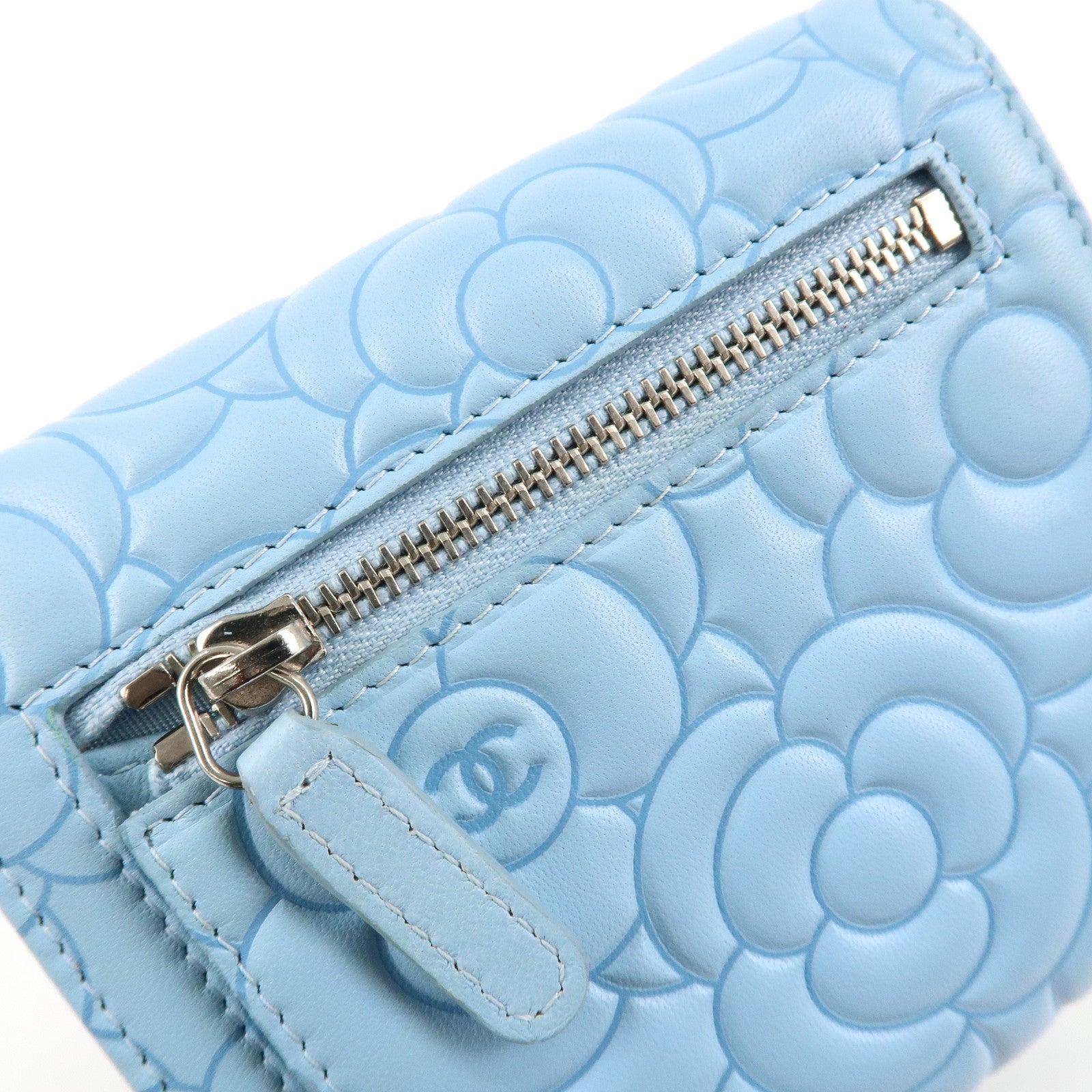 CHANEL Camelia Lamb Skin Bi-fold Wallet Blue