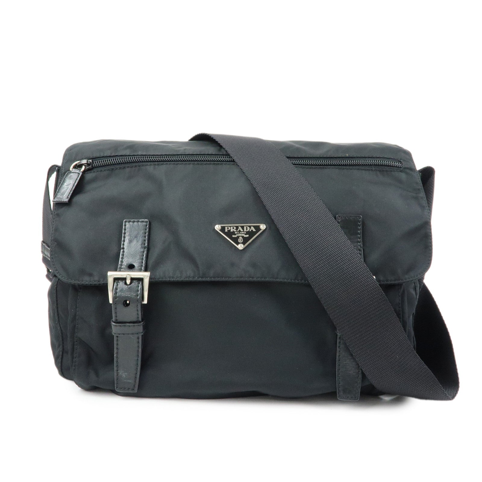PRADA Triangle Logo Nylon Leather Shoulder Bag Black BT6671