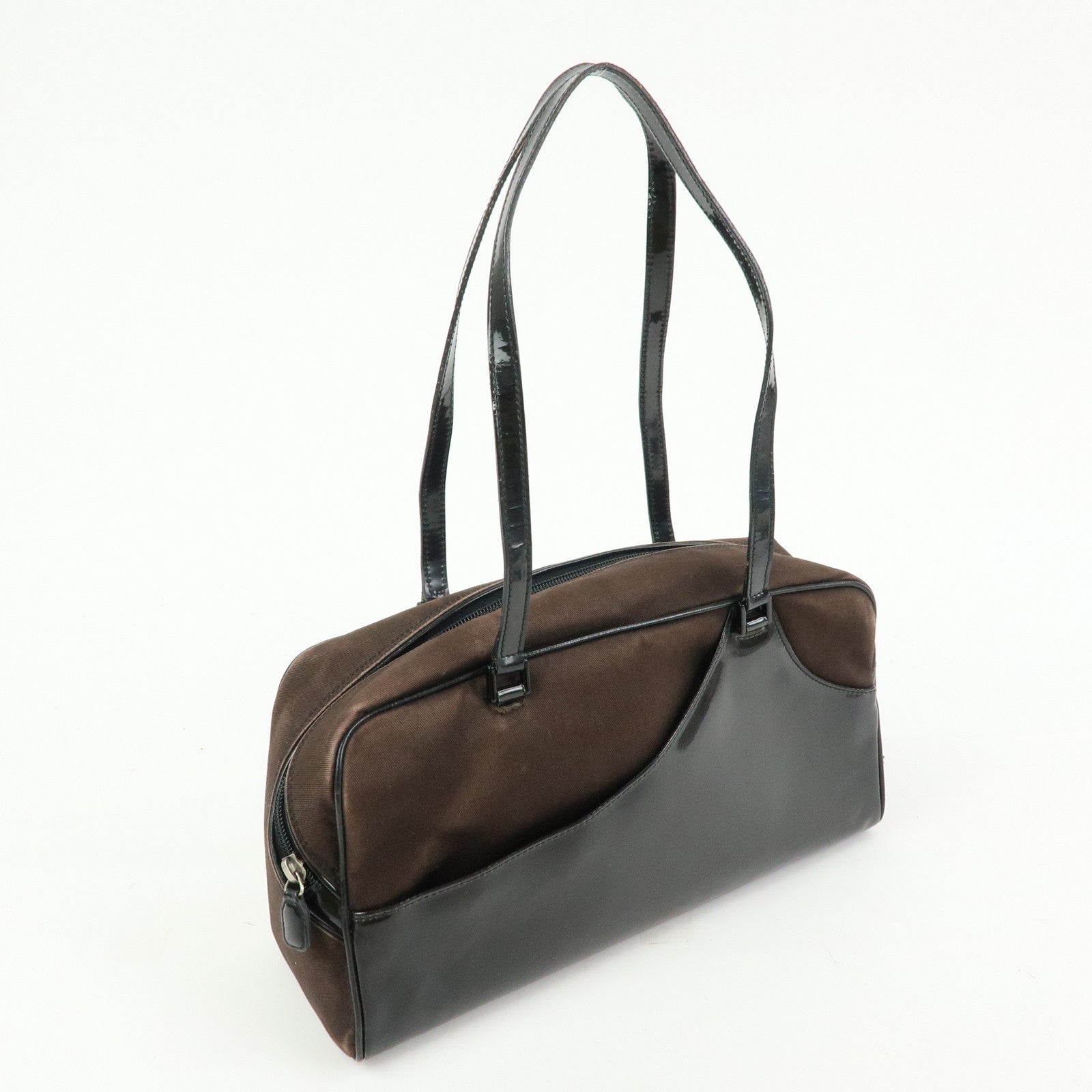 Christian Dior Canvas Patent Leather Boston Bag Hand Bag Brown