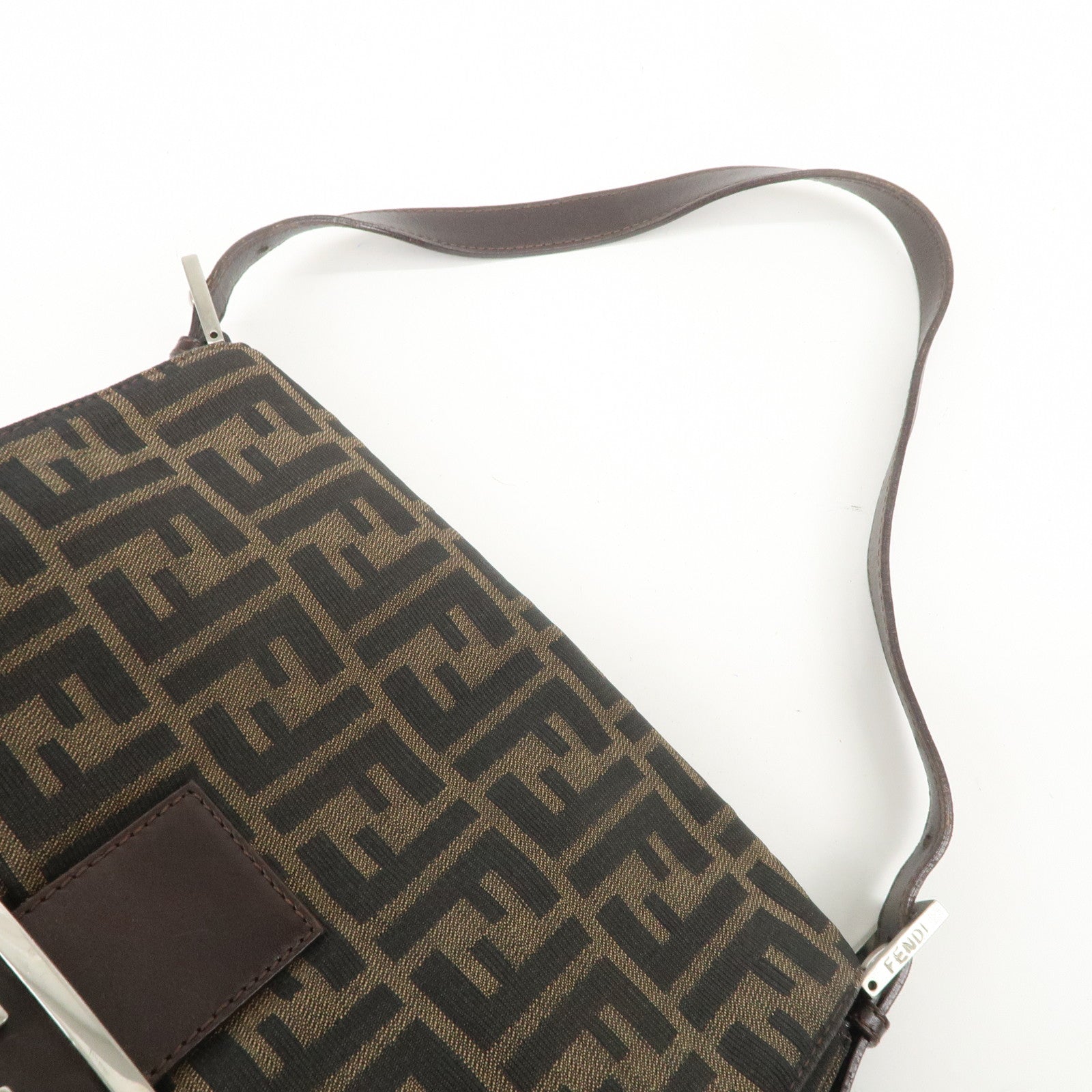 FENDI Mamma Baguette Zucca Canvas Leather Shoulder Bag Brown 26325