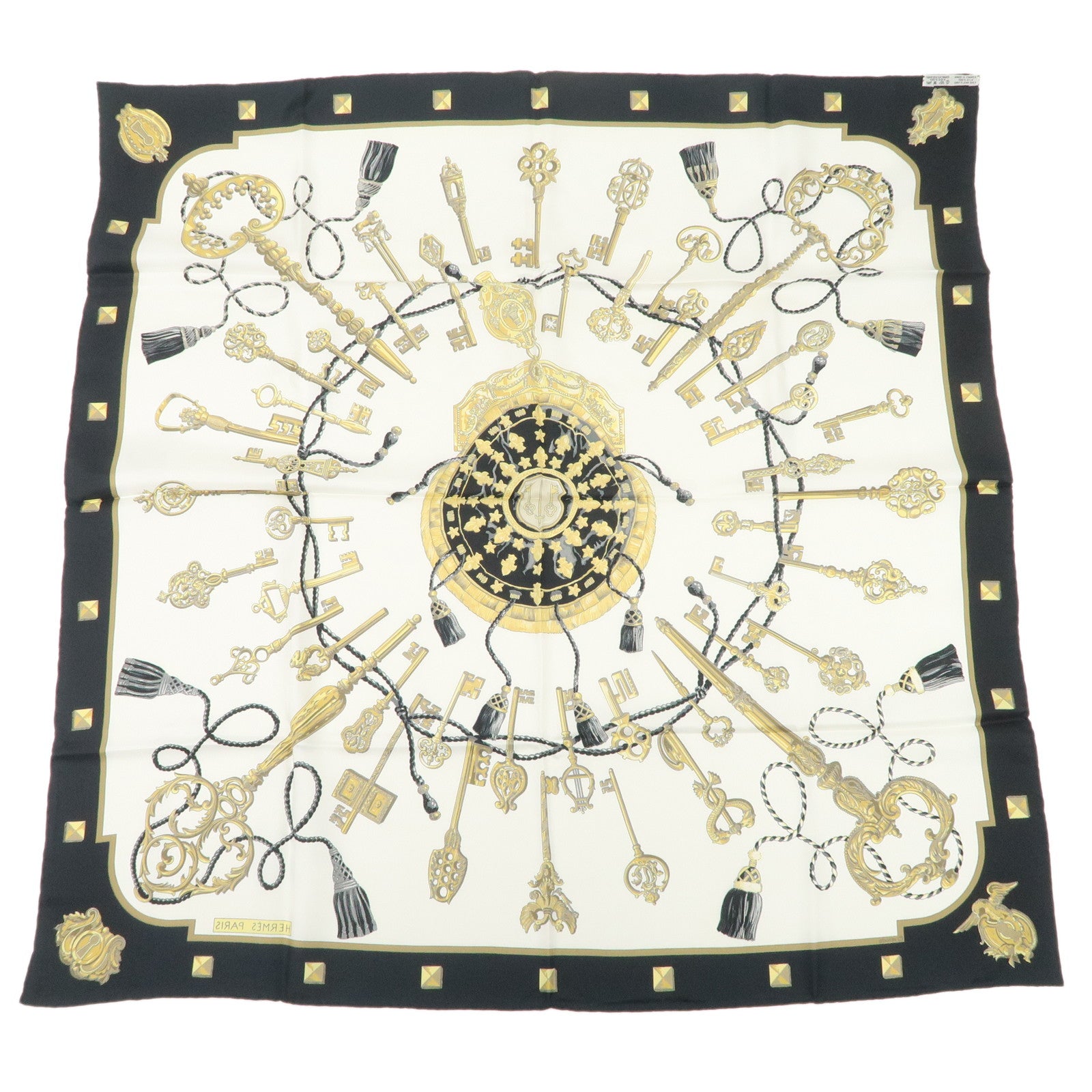 HERMES Carre 90 Silk 100% Scarf LES CLES THE KEYS RARE White Used