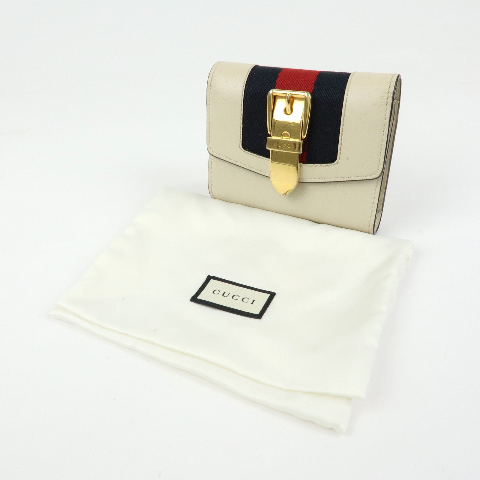 GUCCI Sherry Silvie Leather Tri-fold Compact Wallet Ivory 476081