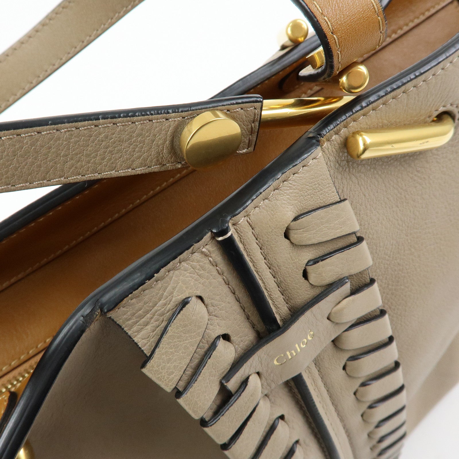 Chloe Leather Whipstitch Tote Bag Shoulder Bag Greige Beige