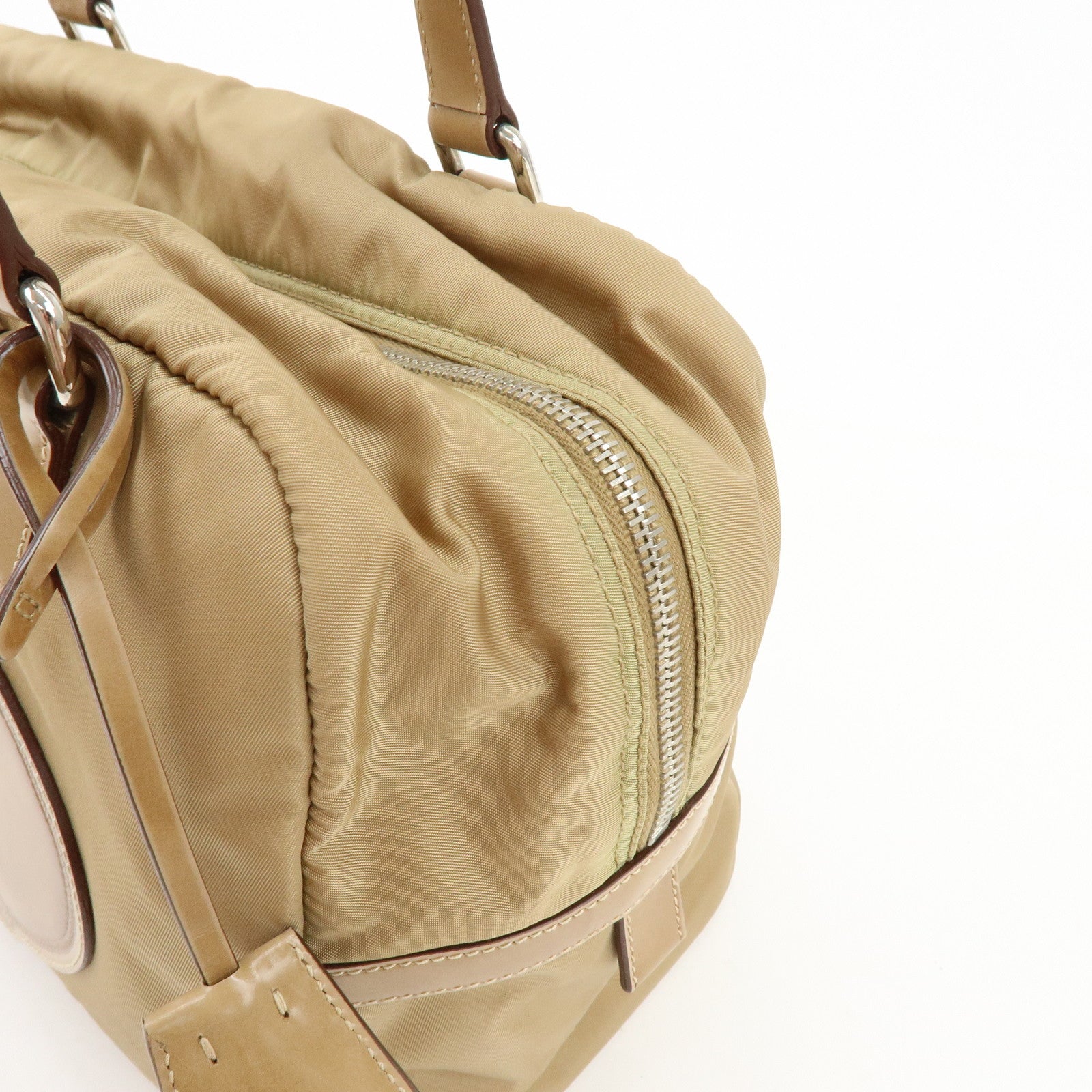 PRADA Logo Nylon Leather Shoulder Bag Boston Bag Beige BR3150