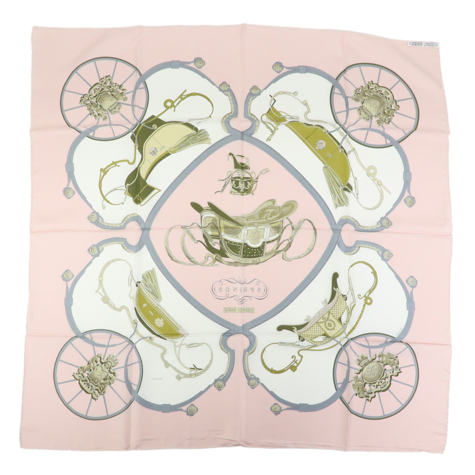 HERMES Carre 90 Silk 100% Scarf SPRINGS Light Pink Gold Grey
