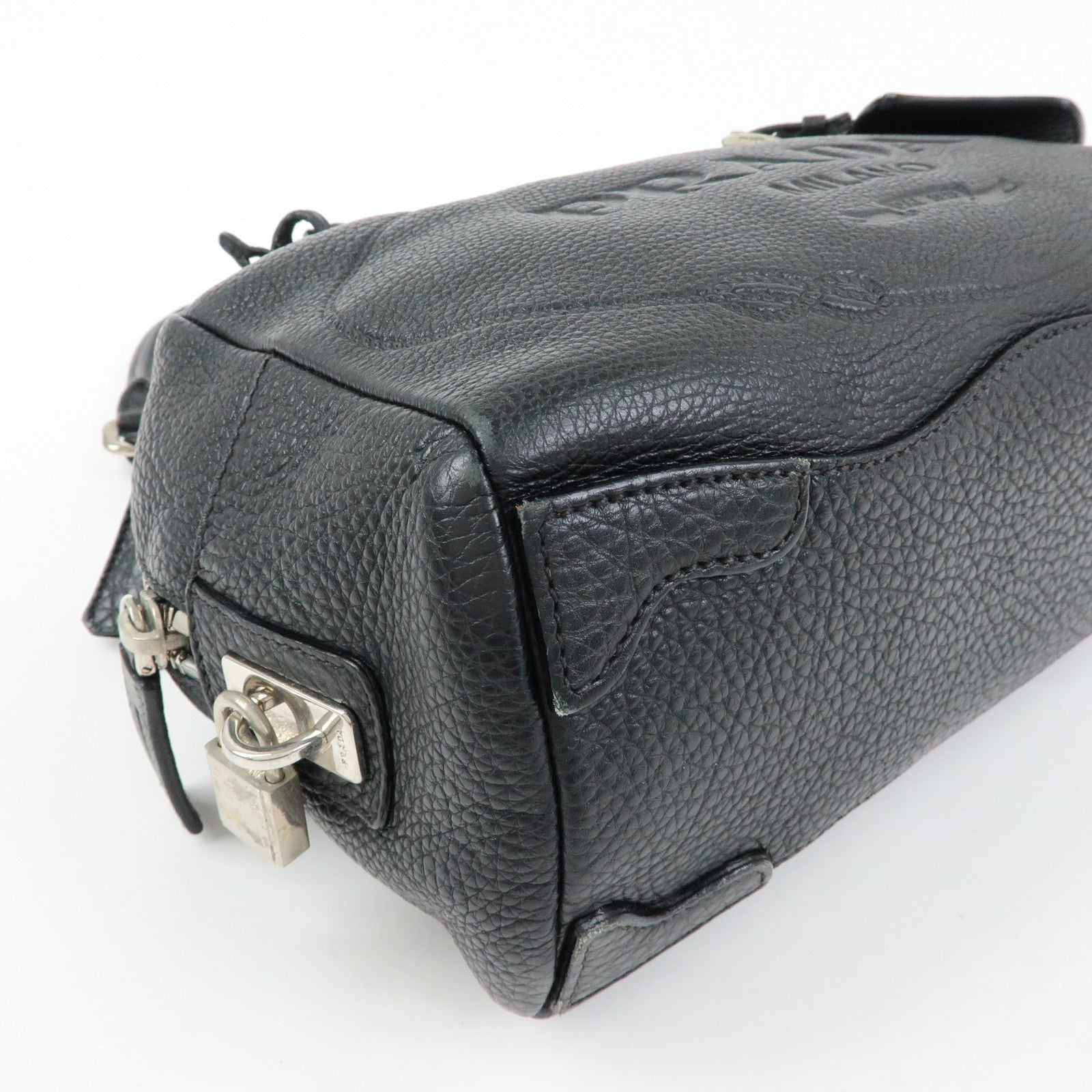 PRADA Logo Leather Shoulder Bag Mini Boston Bag Black