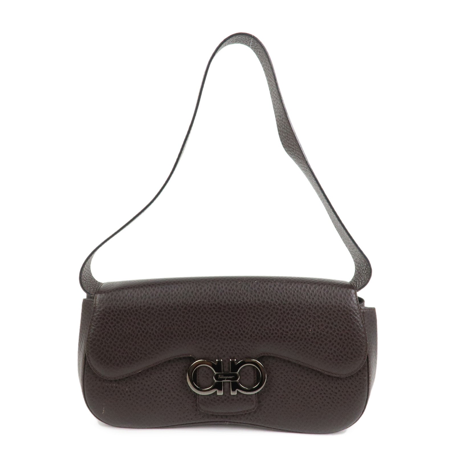 Ferragamo Gancini Logo Leather Shoulder Bag Hand Bag Brown