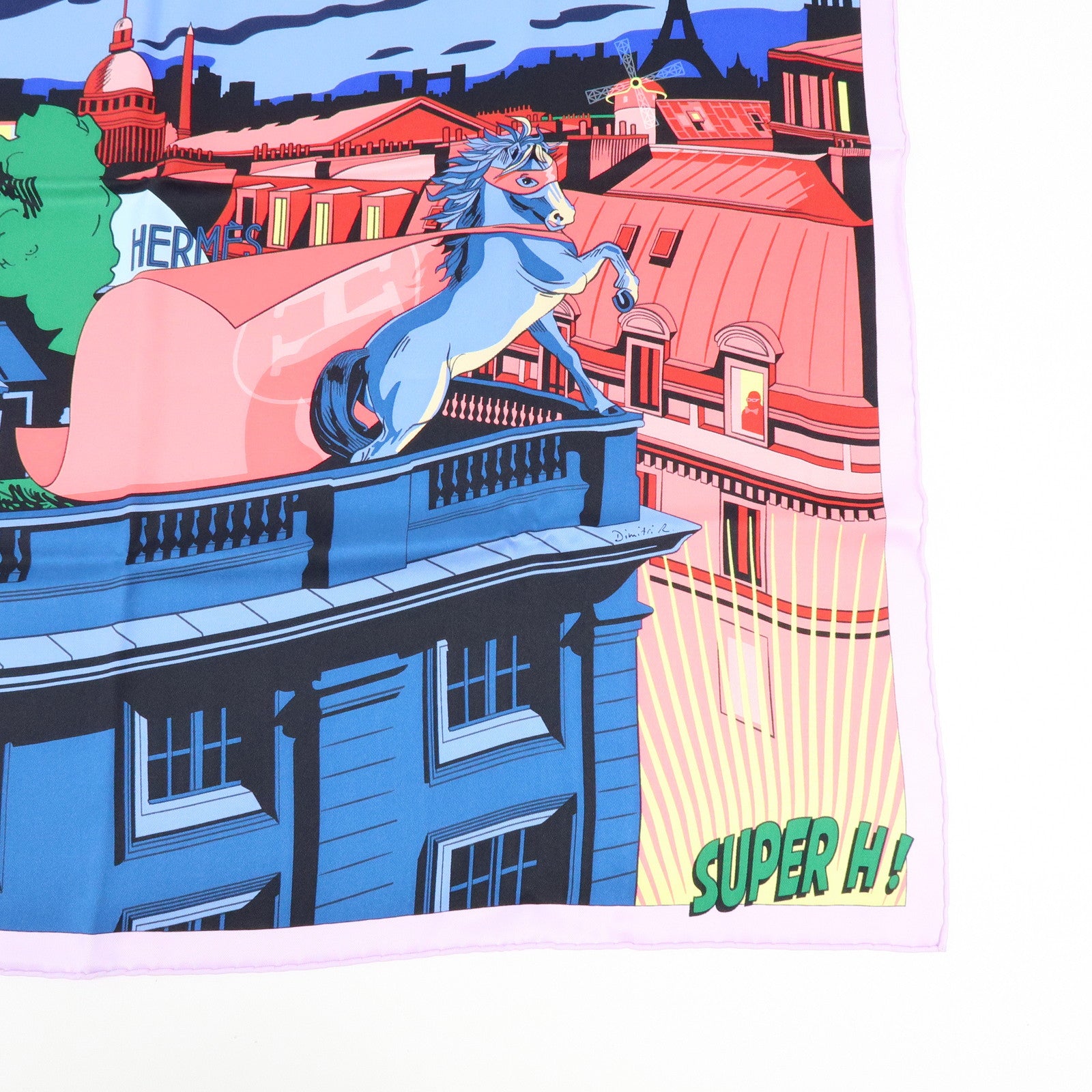 HERMES Carre 70 Silk 100% Scarf MINUIT AU FAUBOURG Blue Pink
