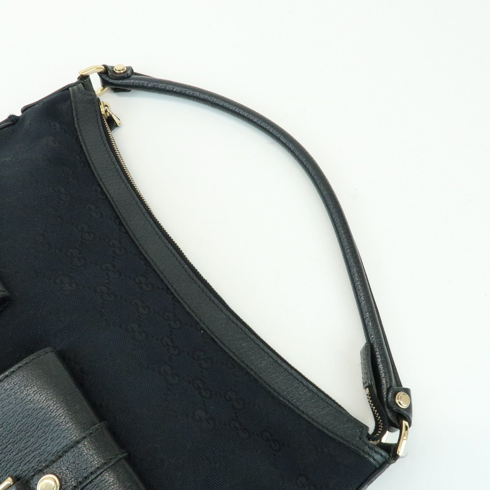 GUCCI GG Canvas Leather Front Pocket Shoulder Hand Bag Black 153025