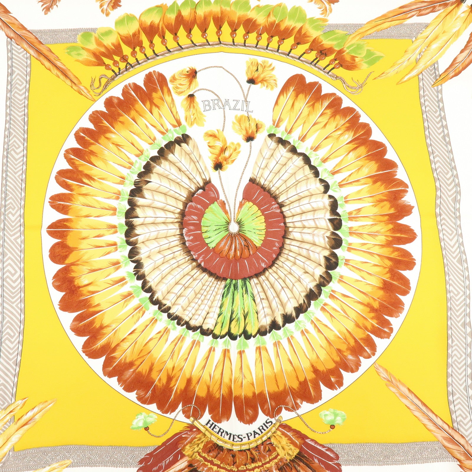 HERMES Carre 90 Silk 100% Scarf Brazil Yellow Brown