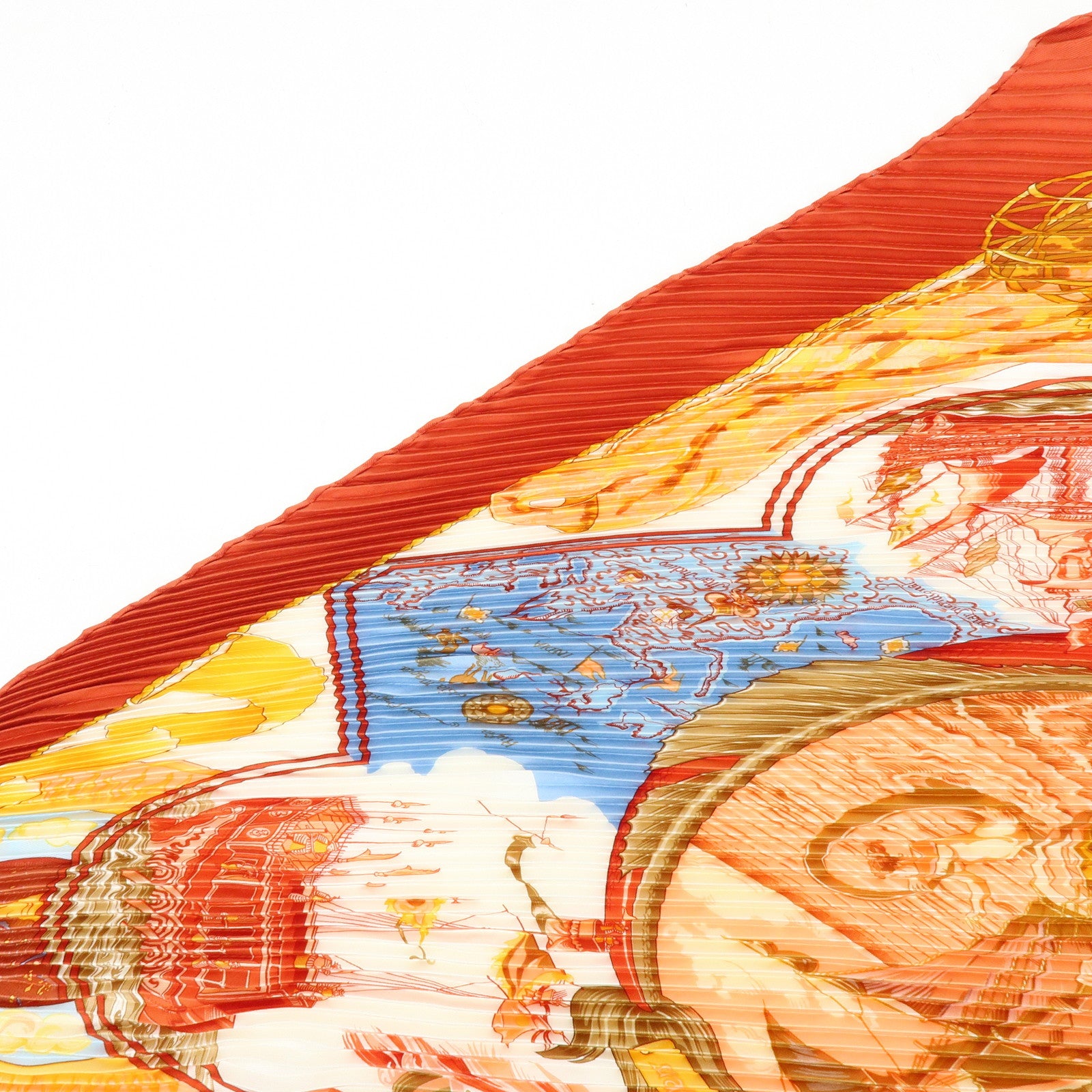 HERMES Pleated Carre Silk 100% Scarf Au-dela Des Cinq Mers Orange