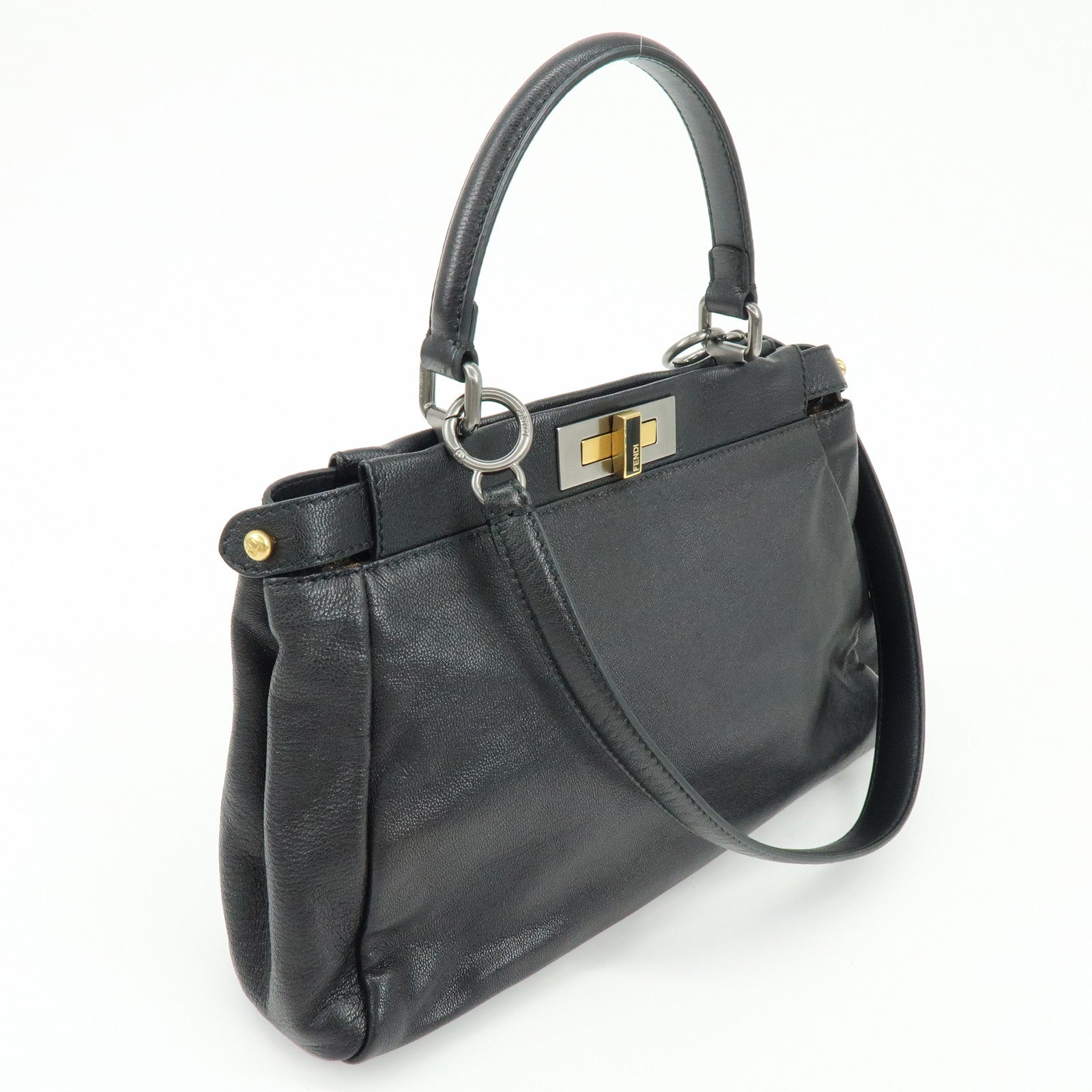FENDI Peekaboo Leather 2Way Bag Hand Bag Shoulder Bag Black 8BN211