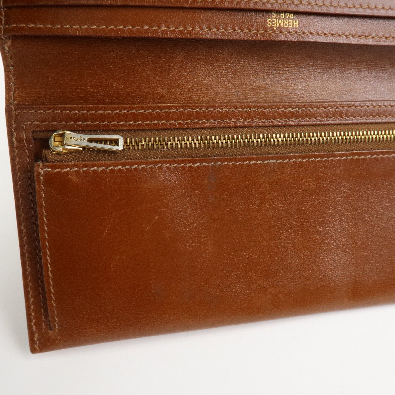 HERMES Bearn Classic Box Calf □O Stamped Bi-Fold Long Wallet Brown