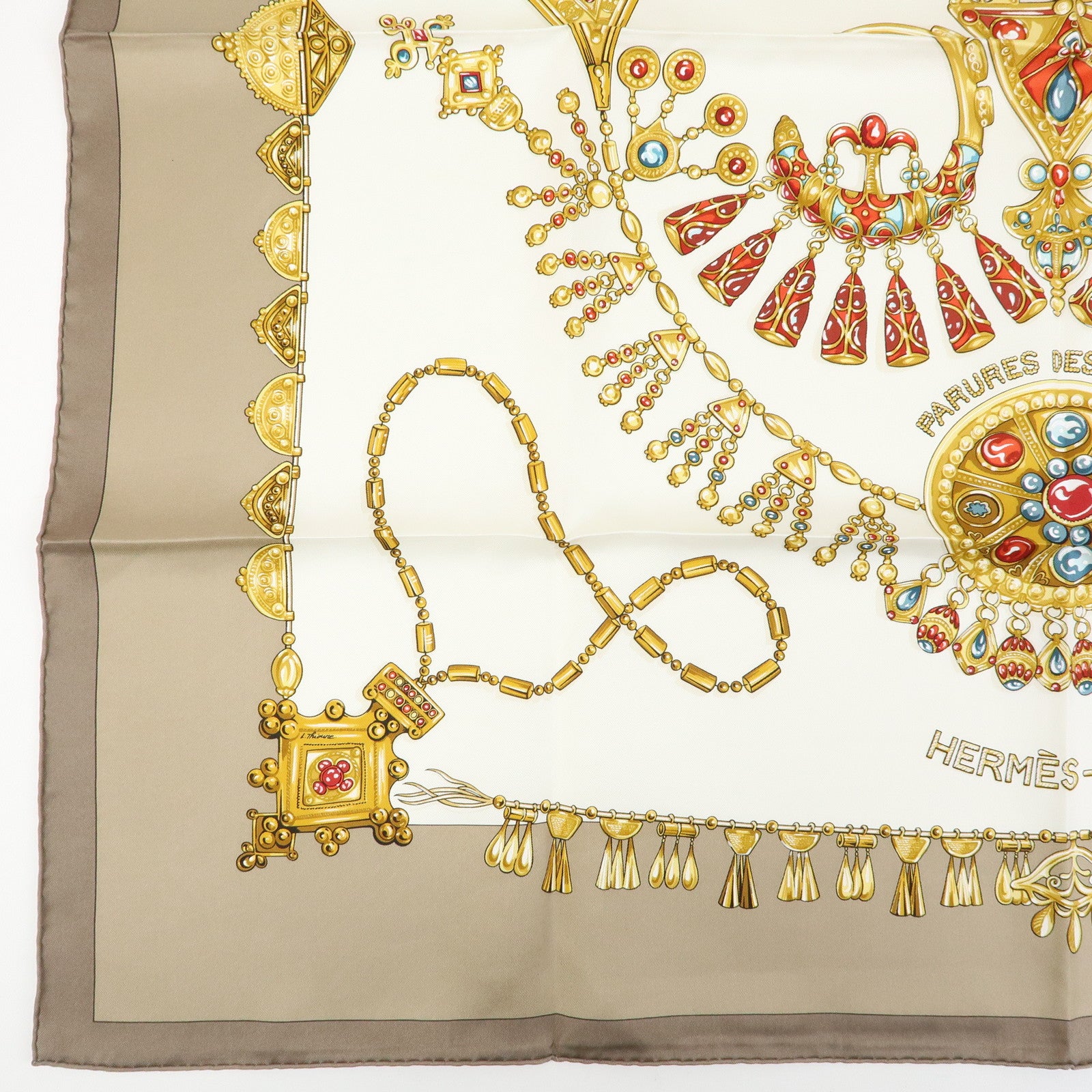 HERMES Carre 90 Silk 100% Scarf PARURES DES SABLES Gold Brown