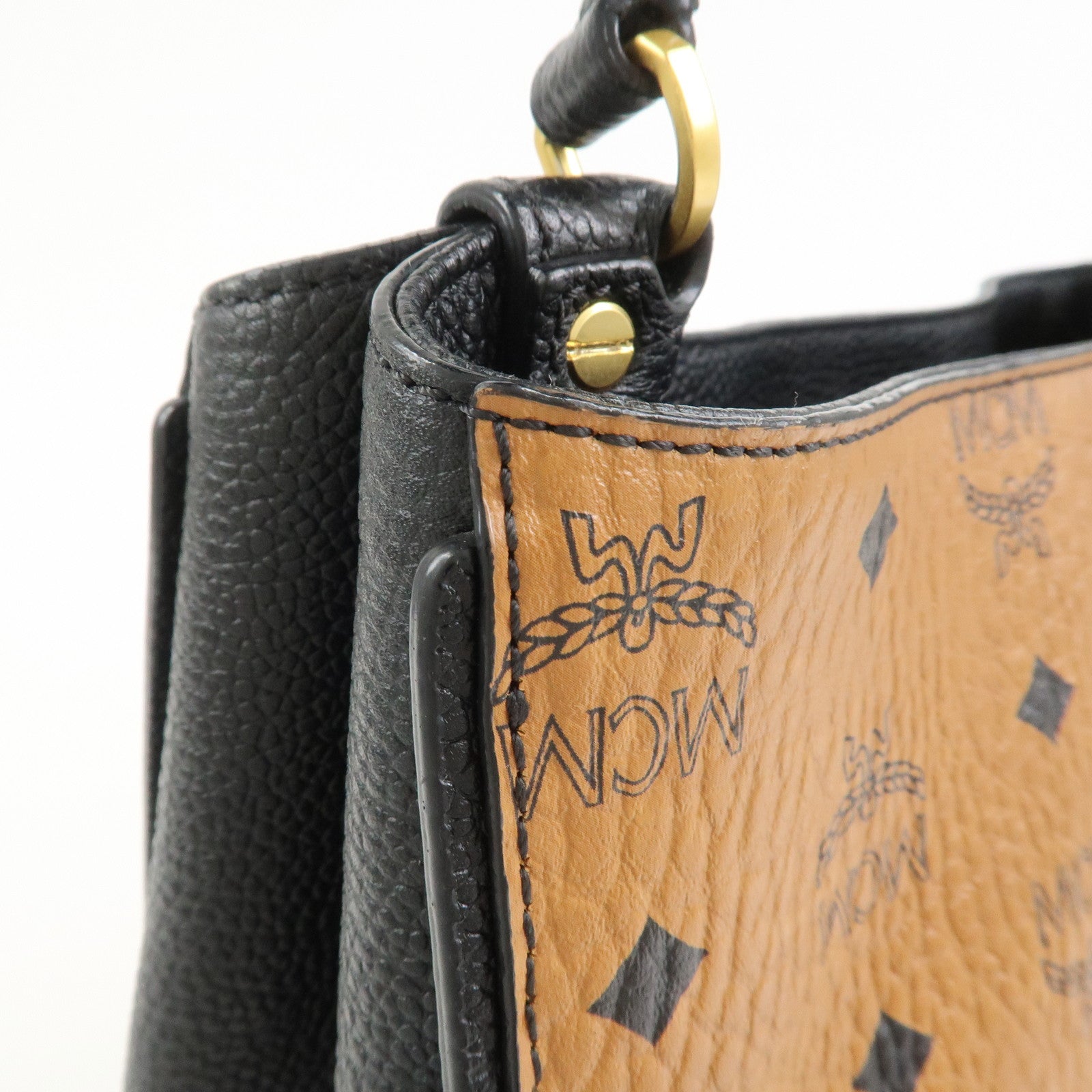 MCM Leather 2Way Bag Hand Bag Shoulder Bag Camel Black