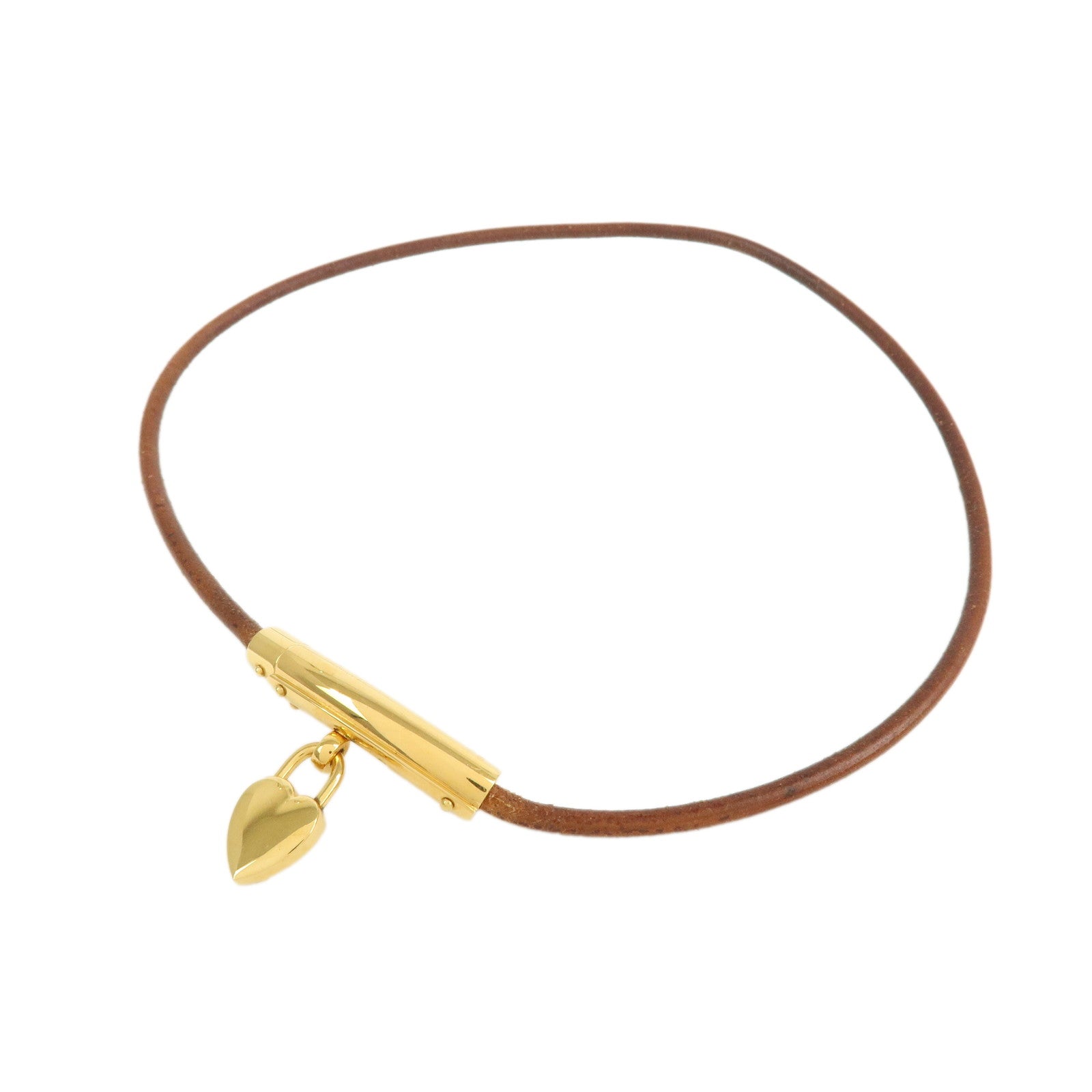 HERMES Leather Viviride Coeur Heart Cadena Necklace Choker Gold