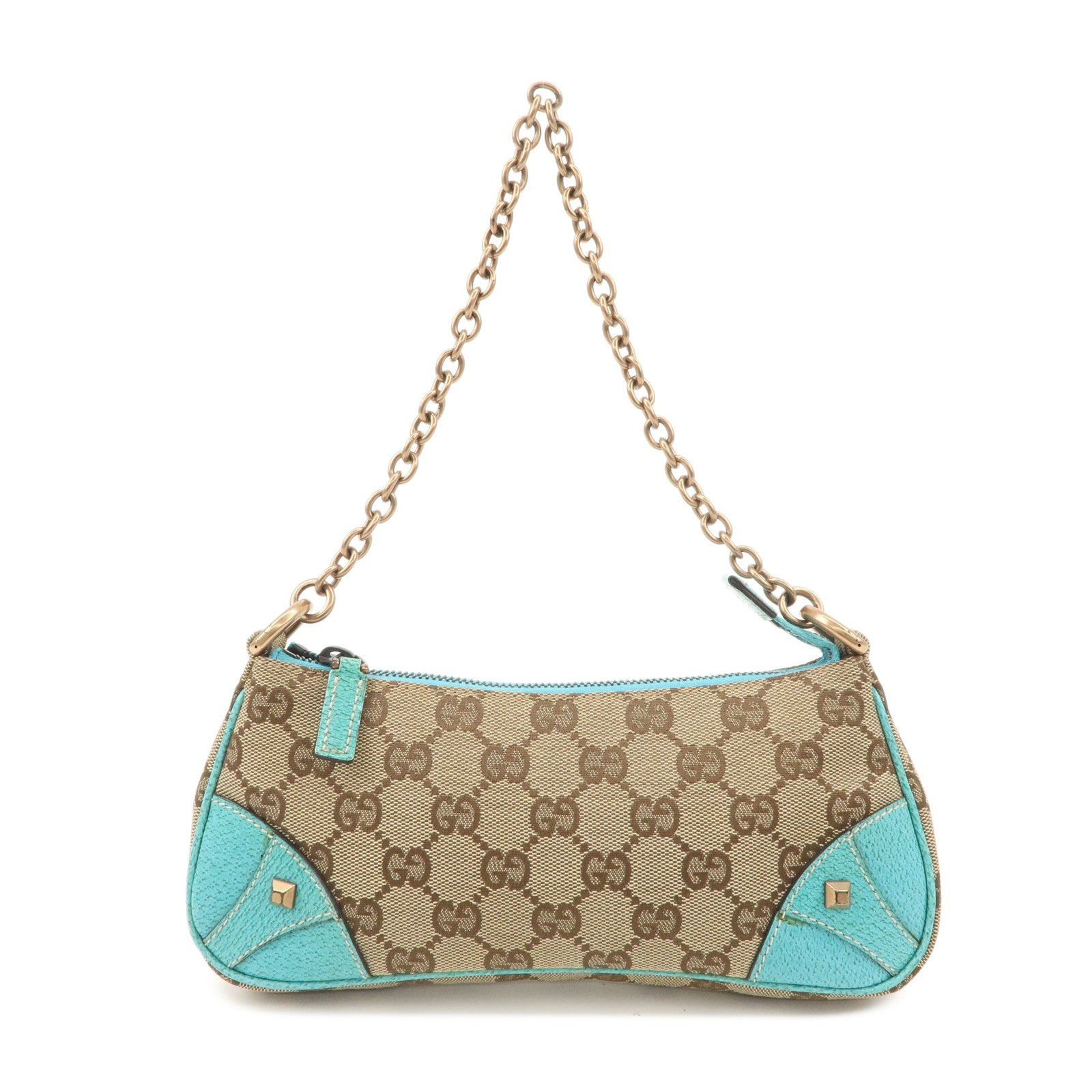 GUCCI GG Canvas Leather Chain Shoulder Bag Beige Turquoise Blue 120940 Used