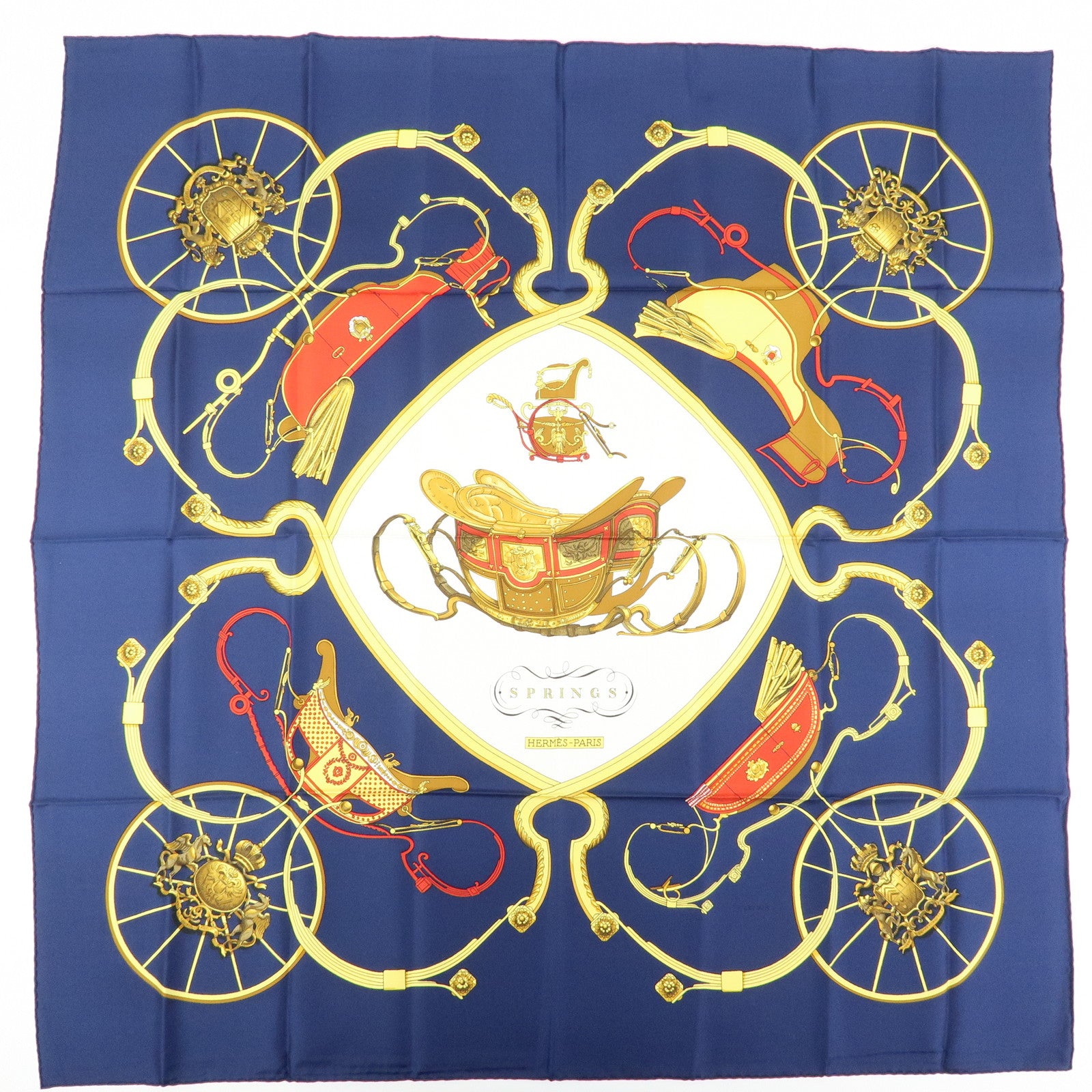 HERMES Carre 90 Silk 100% Scarf SPRINGS Navy Red Yellow White