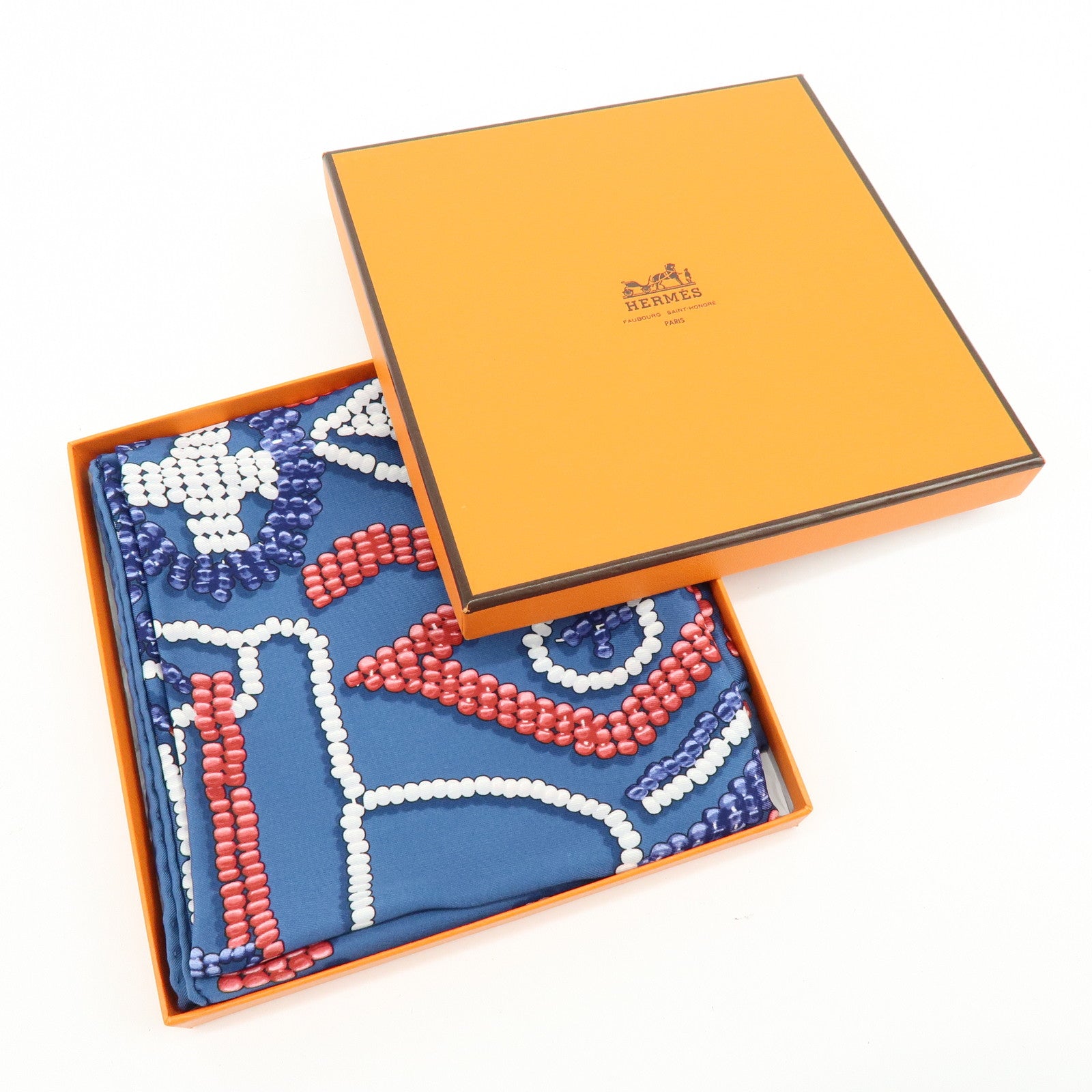 HERMES Carre 65 Silk 100% Scarf KELLY EN PERLES Pearl Print Blue