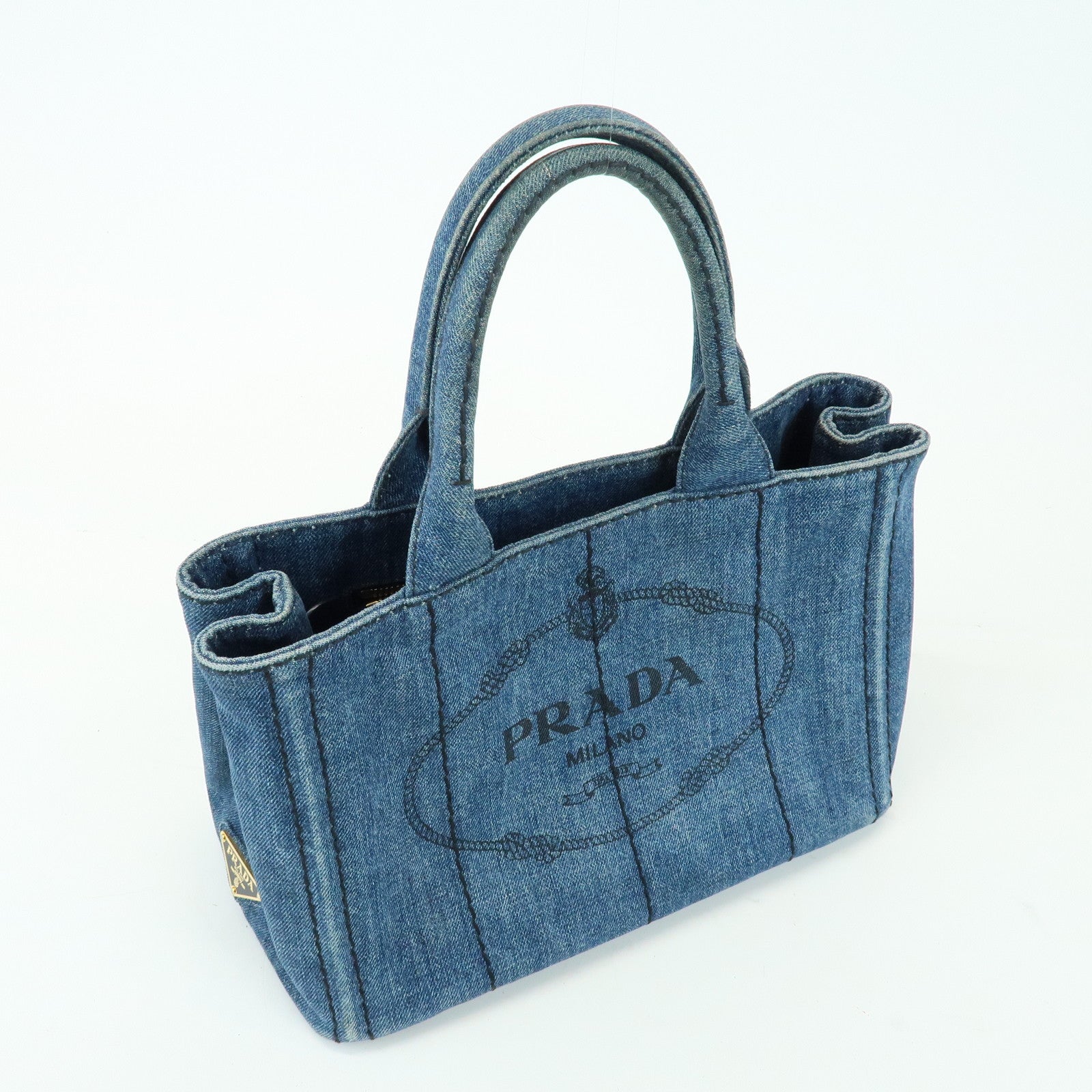 PRADA Triangle Logo Canapa Mini Denim 2Way Bag Hand Bag Blue 1BG439