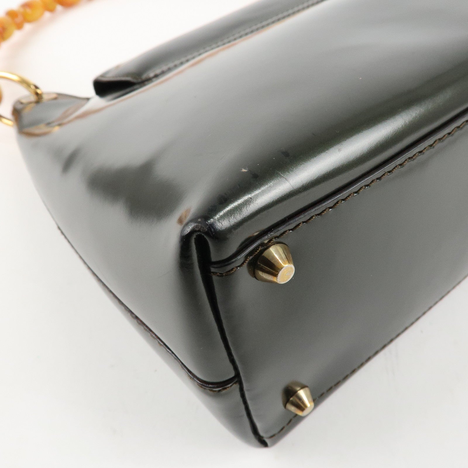 Christian Dior Enamel Leather Maris Pearl Shoulder Bag Hand Bag Khaki Used