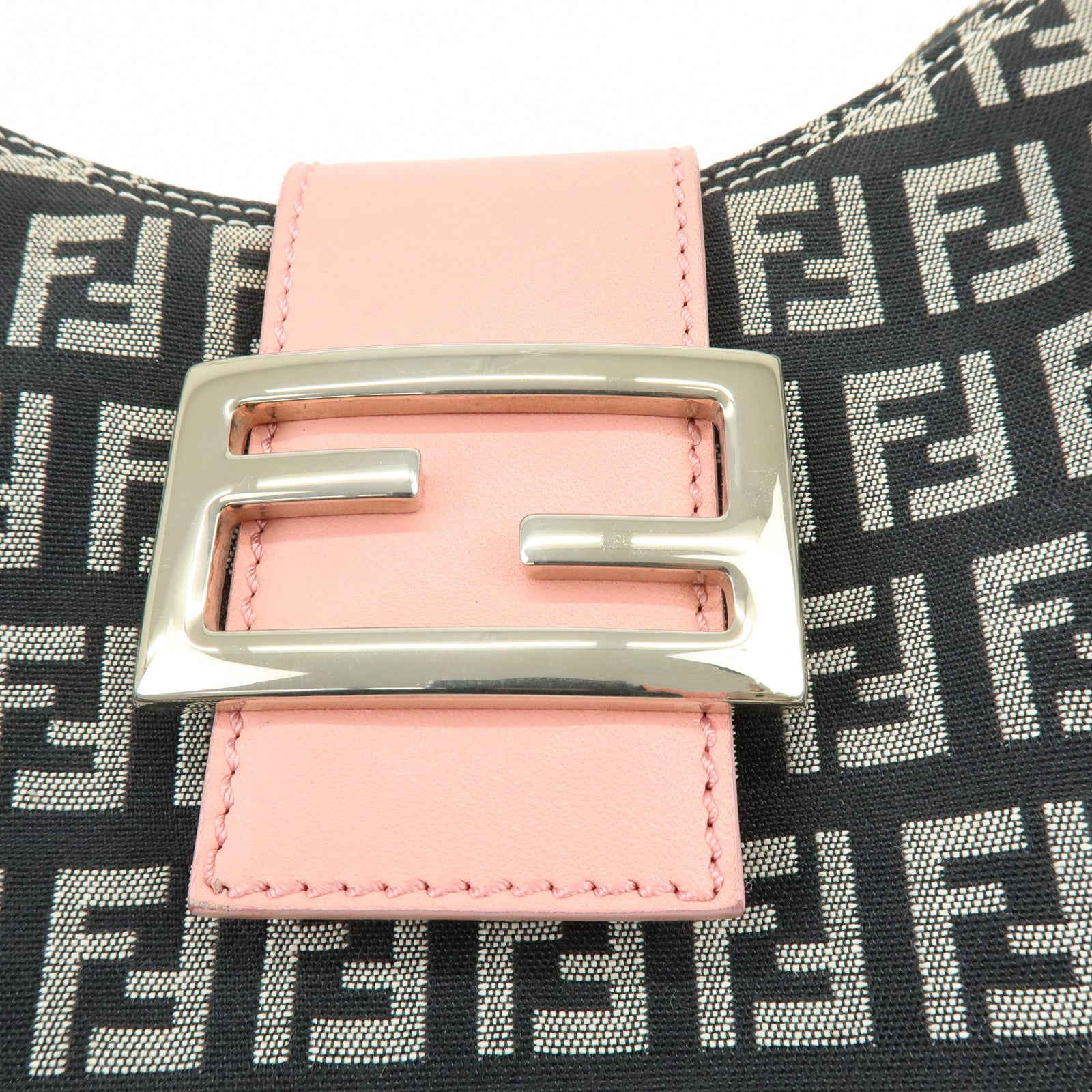 FENDI Zucchino Canvas Leather Shoulder Bag Black Pink 8BR020