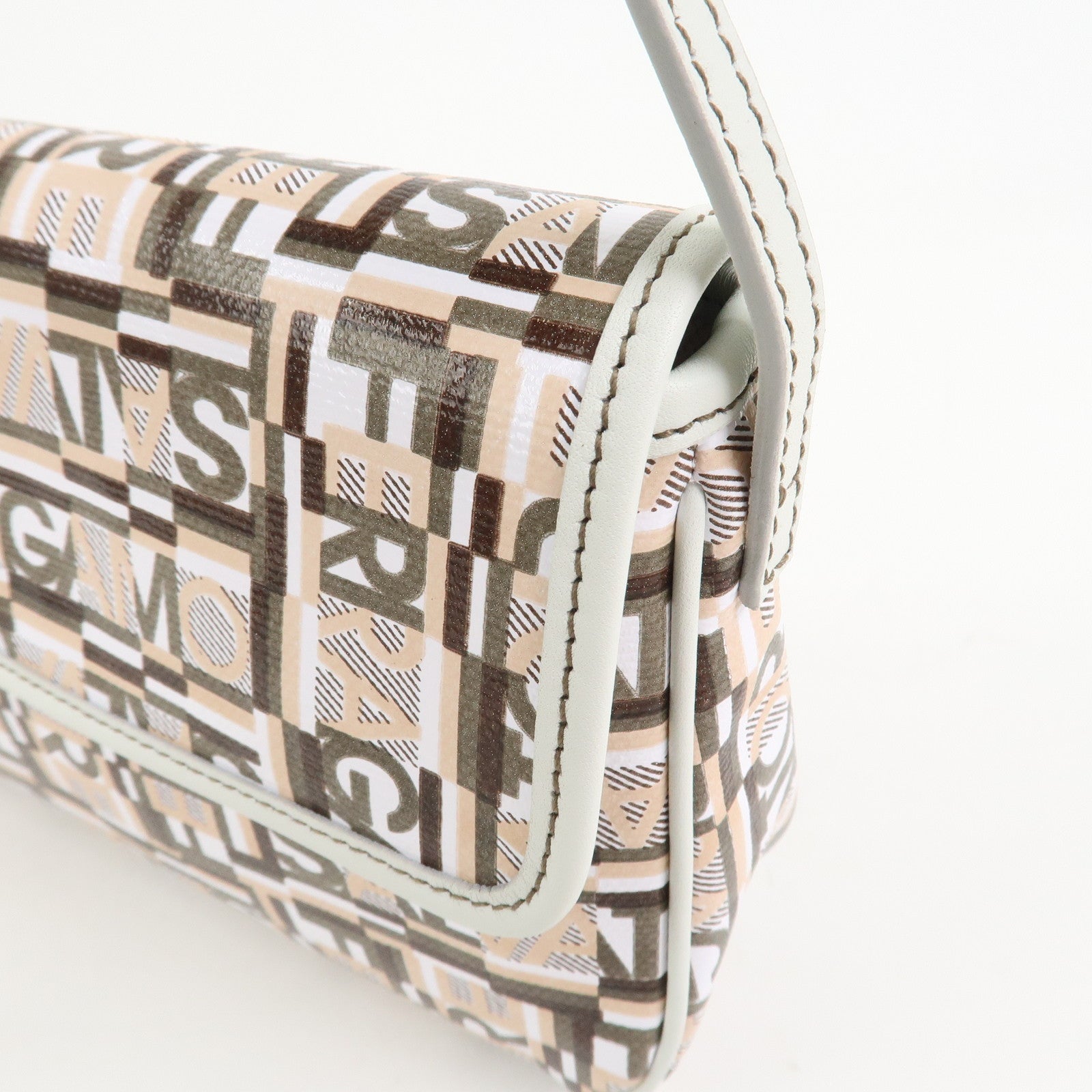 Ferragamo Logo PVC Canvas Leather Shoulder Bag Hand Bag White Gray