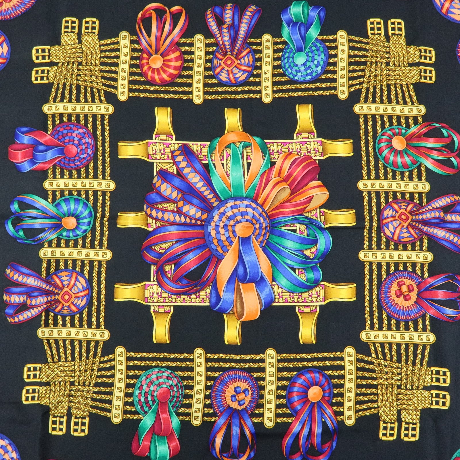 HERMES Carre 90 Silk 100% Scarf LES RUBANS DU CHEVAL Black