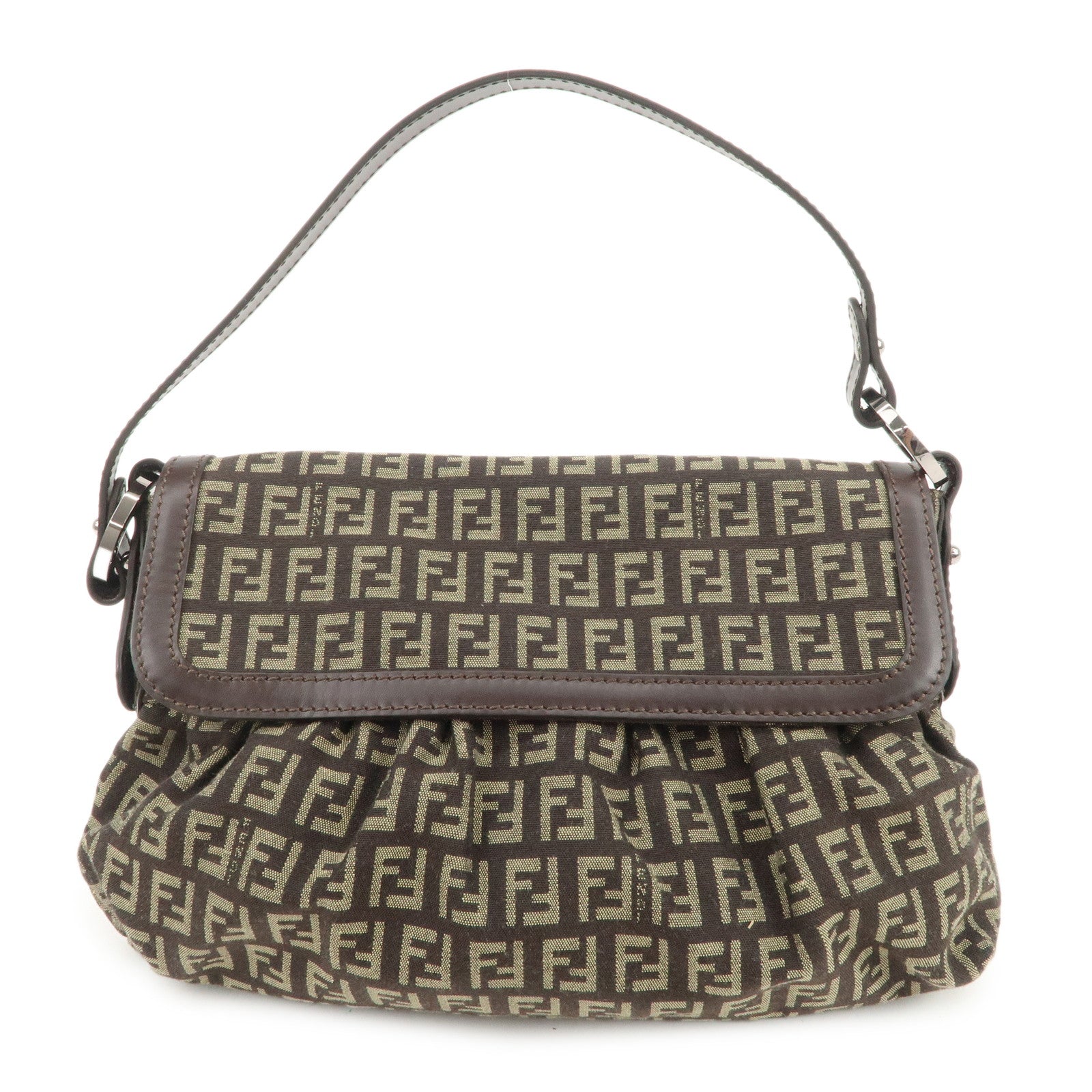 FENDI Zucchino Shoulder Bag Hand Bag Brown Silver 8BR353