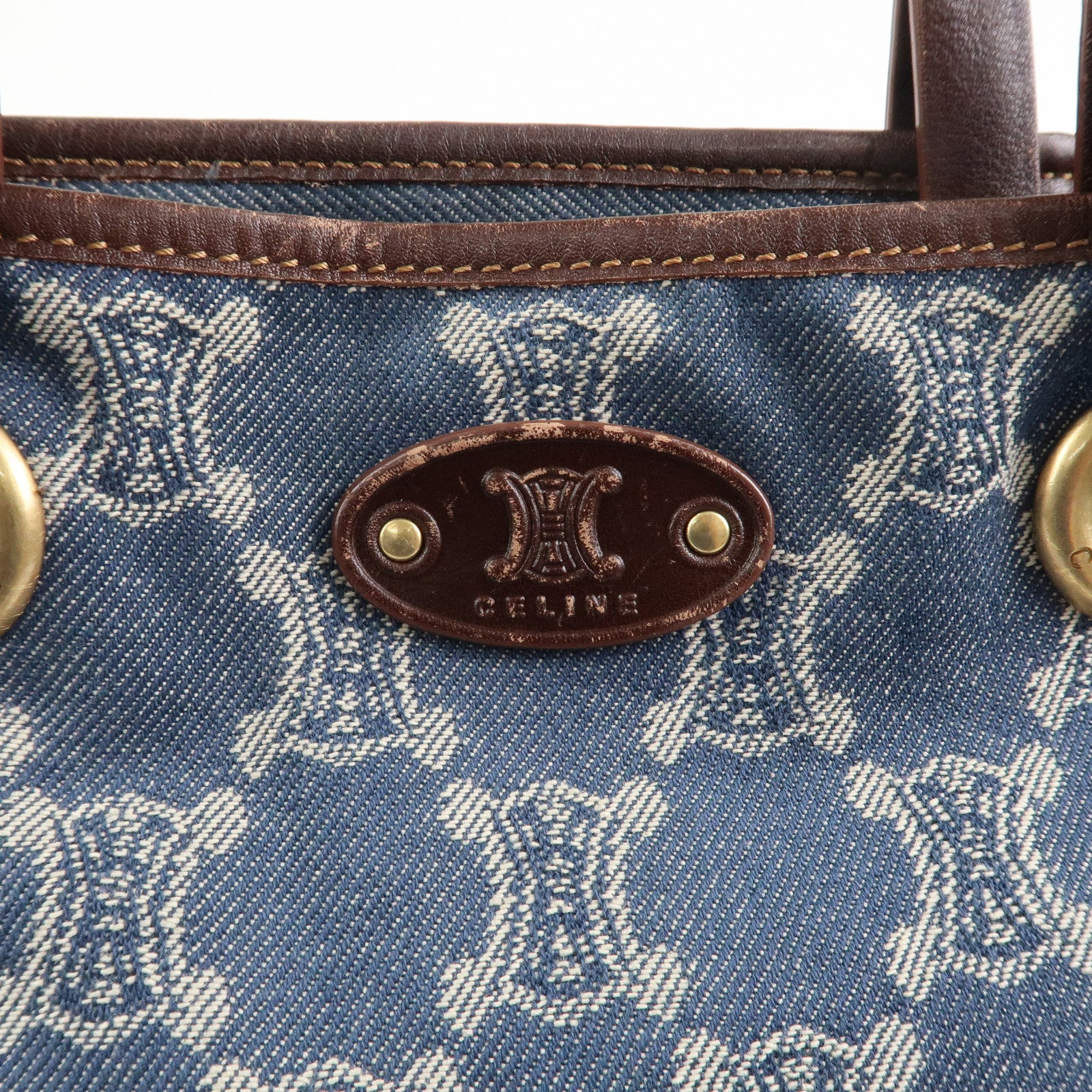 CELINE Macadam Denim Leather Tote Bag Shoulder Bag Blue Brown