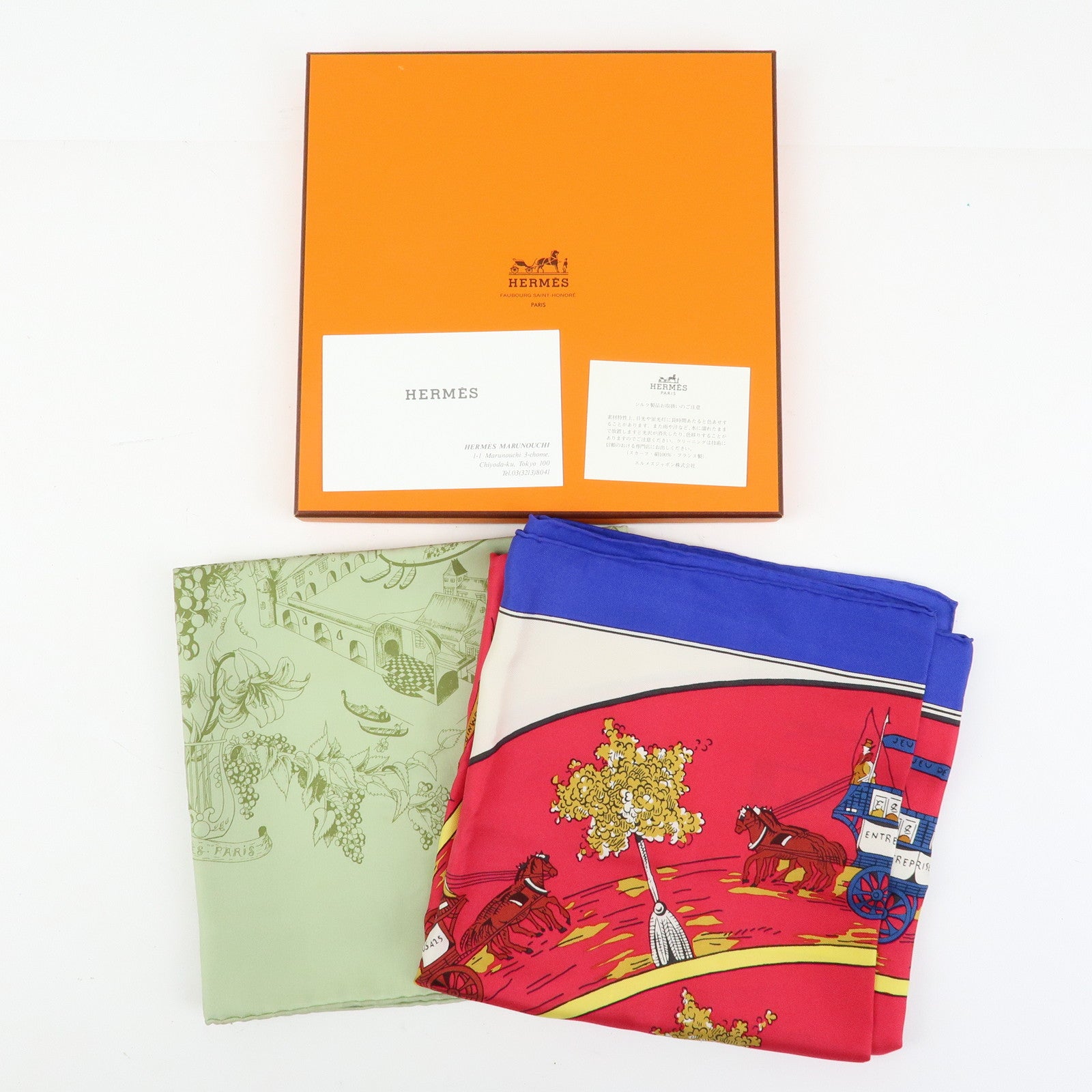 HERMES Carre 90 Set of 2 Silk 100% Scarf Green Red