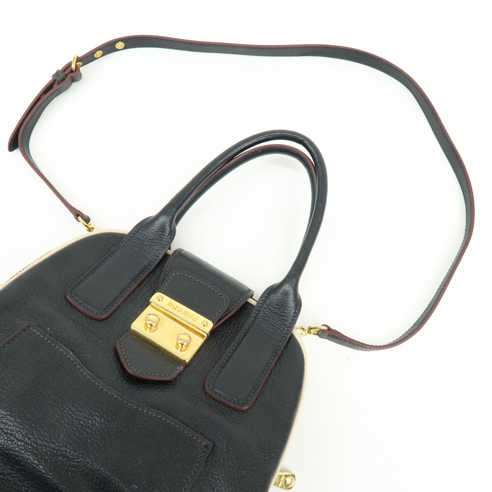 MIU MIU Logo Madras Leather 2Way Bag Hand Bag Shoulder Bag Black