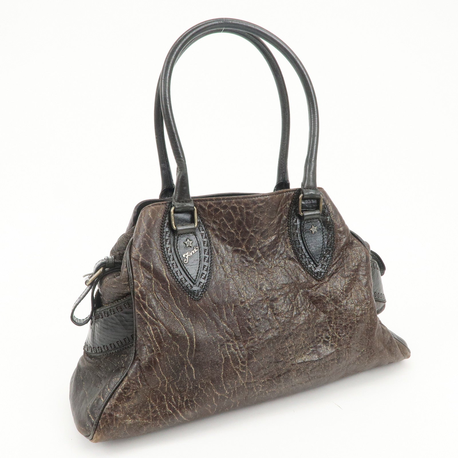 FENDI Ethnico Leather Tote Bag Shoulder Bag Hand Bag Brown 8BN162