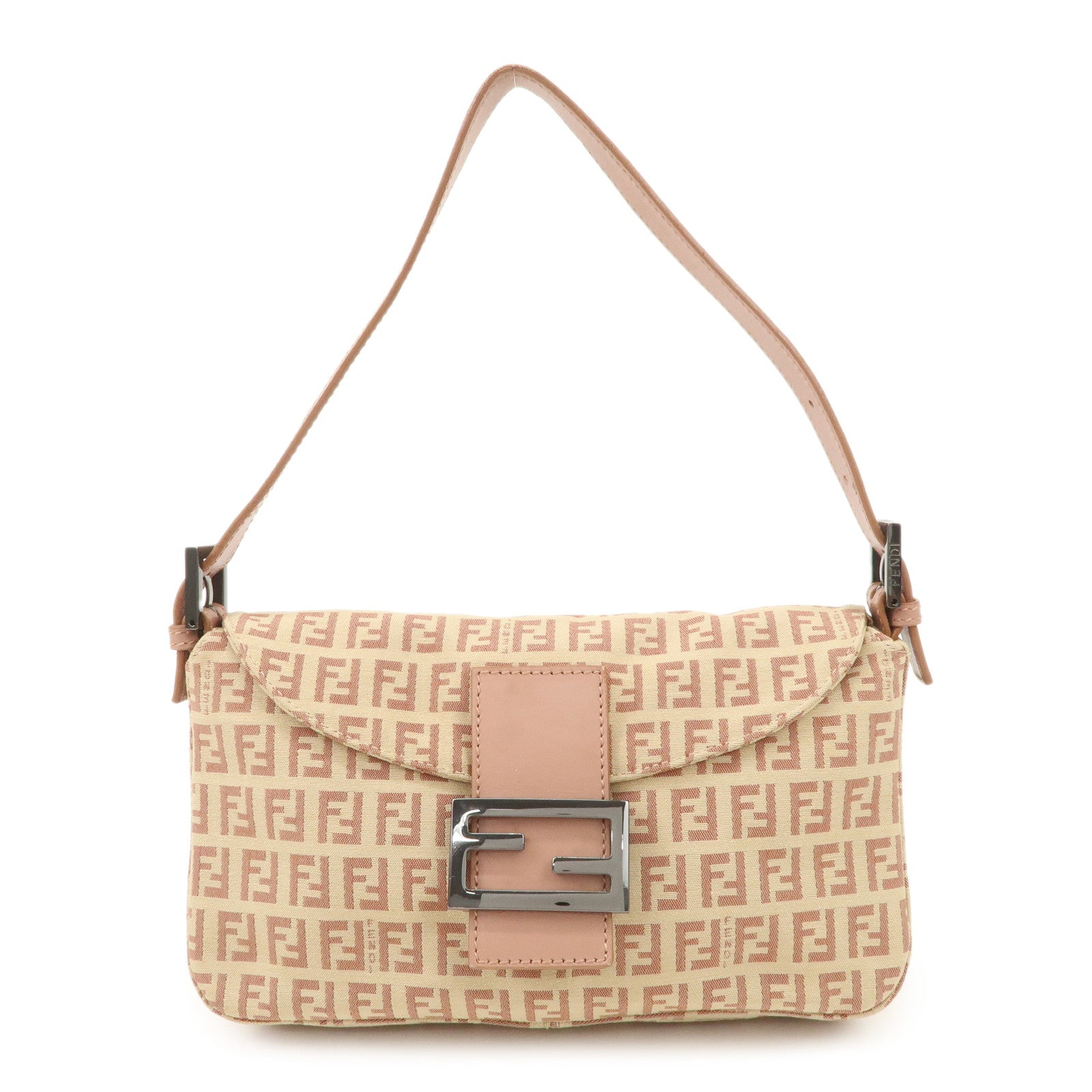 FENDI Mamma Baguette Zucchino Canvas Leather Pink Beige 8BR003 Used