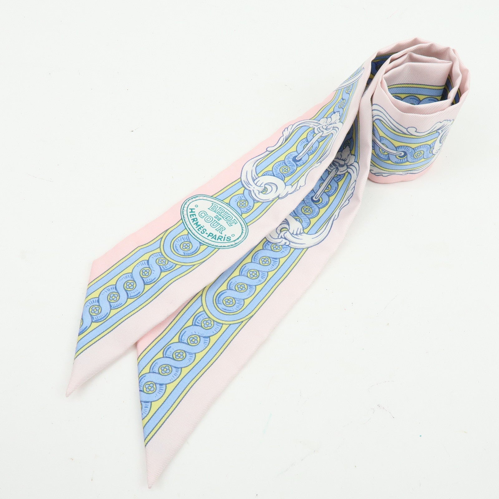 HERMES Silk 100% Twilly BRIDE DE COUR Pink Light Blue