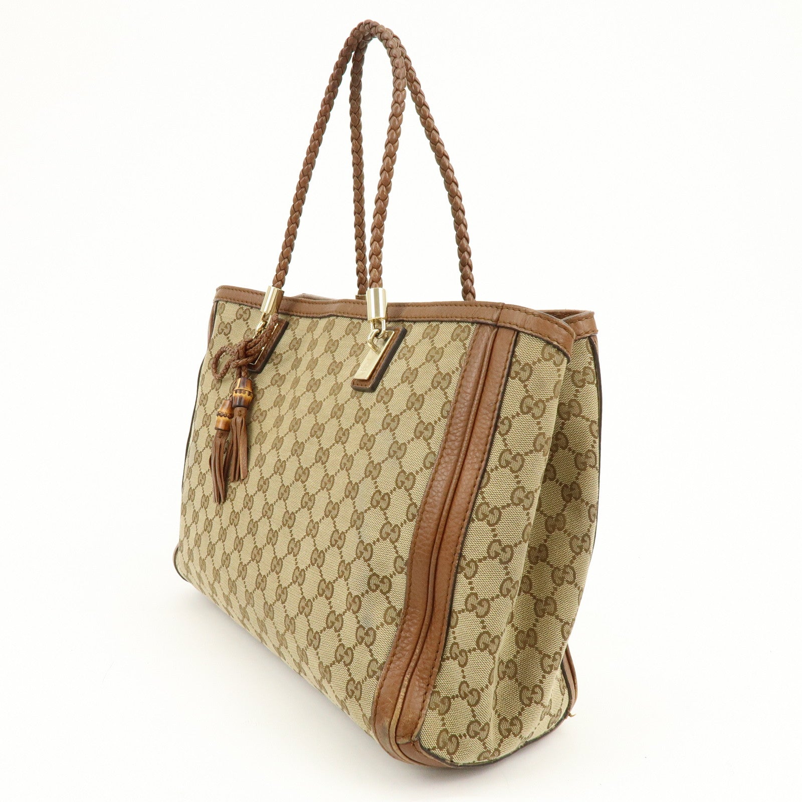 GUCCI Bamboo GG Canvas Leather Tote Bag Hand Bag Brown 269945