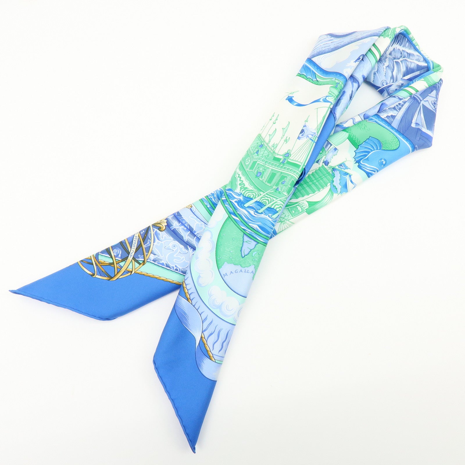 HERMES Carre 90 Silk 100% Scarf Au-dela des cinq mers Blue Green