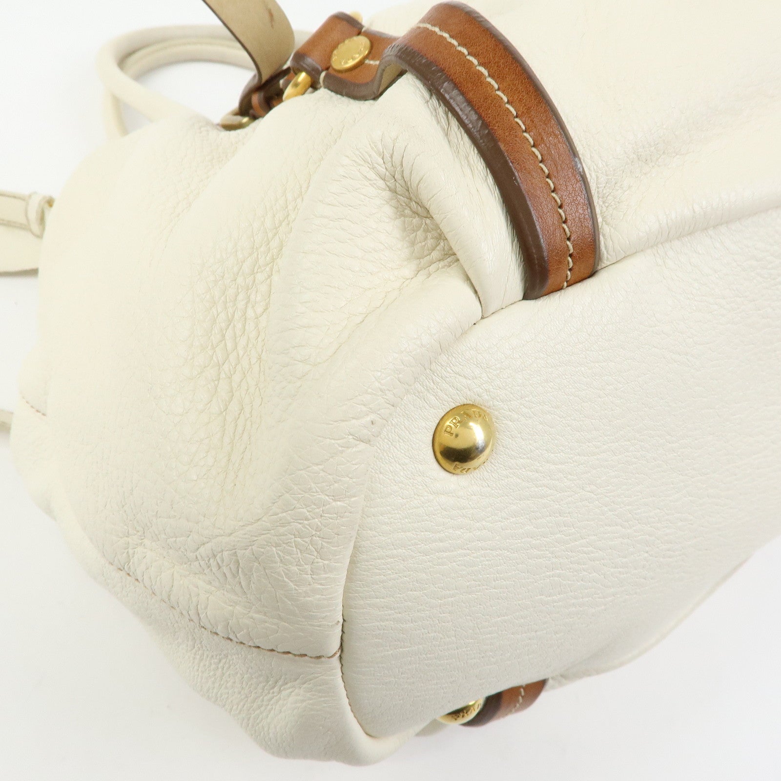 PRADA Leather 2Way Bag Hand Bag Shoulder Bag Ivory Brown BN1773
