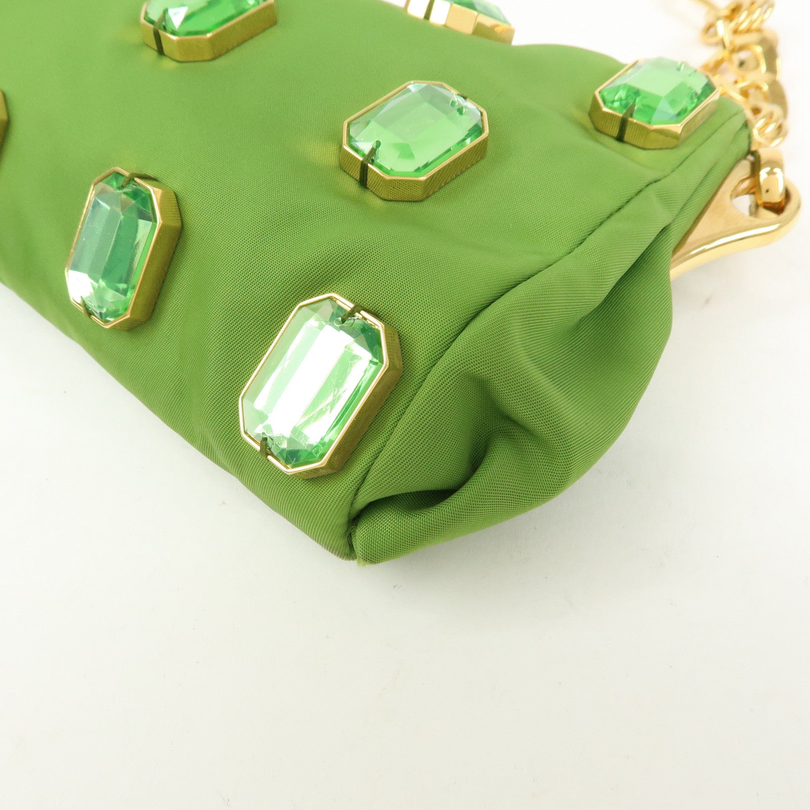 PRADA Bijou Nylon Stone Chain Shoulder Bag Clutch Bag Green