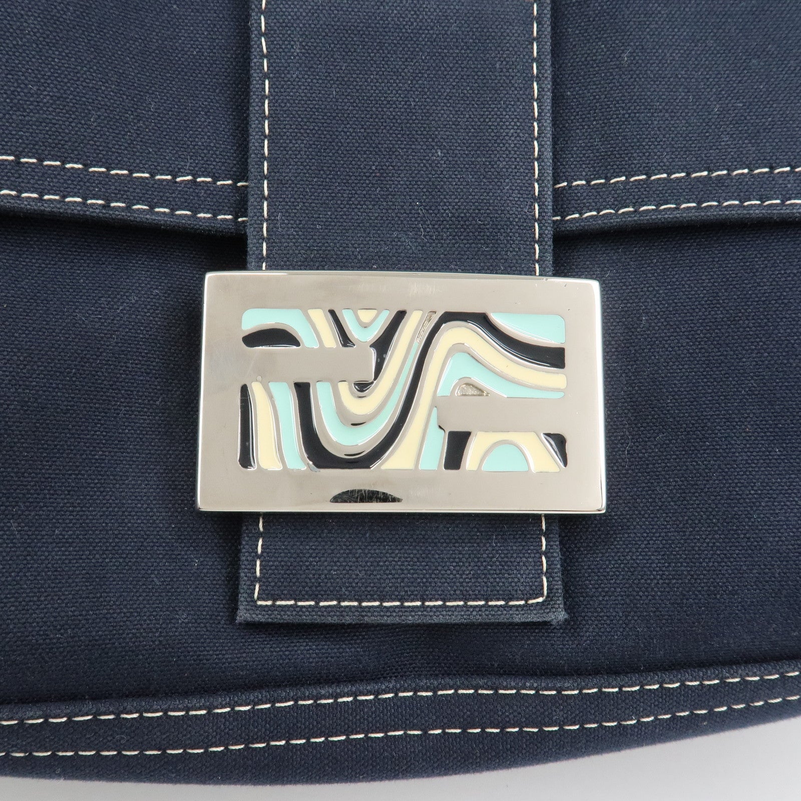 FENDI Mamma Baguette Canvas Shoulder Bag Hand Bag Navy 26325
