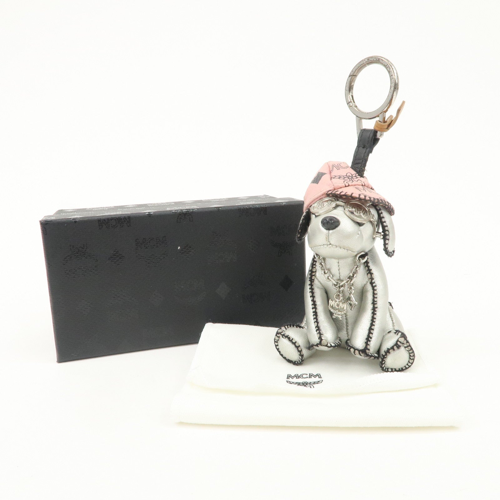 MCM Dog Motif Leather Bag Charm Key Chain Silver Pink