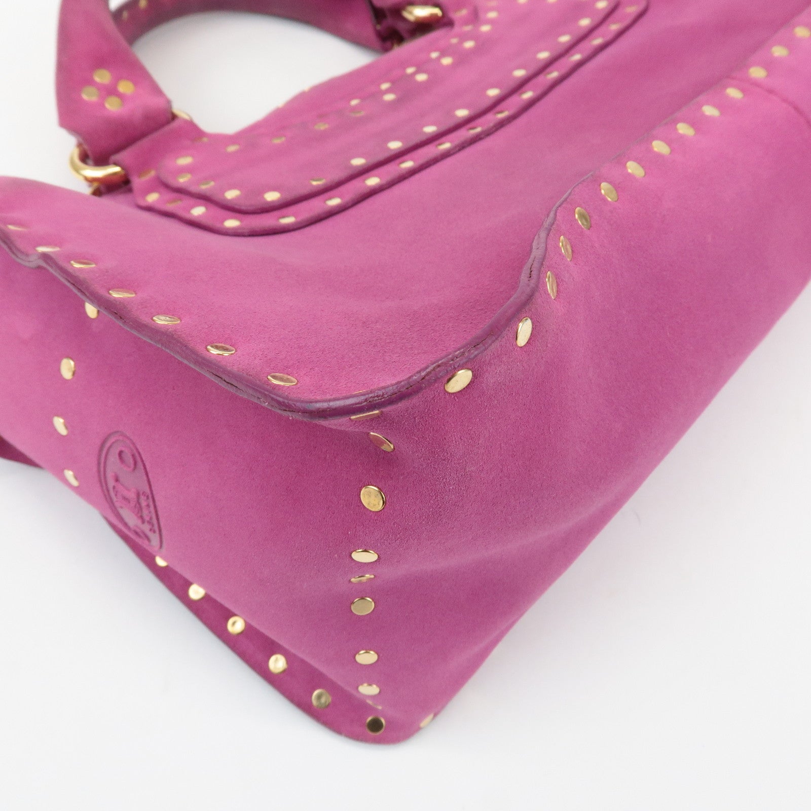 CELINE Suede Leather Studs Buggy Bag Hand Bag Pink Gold