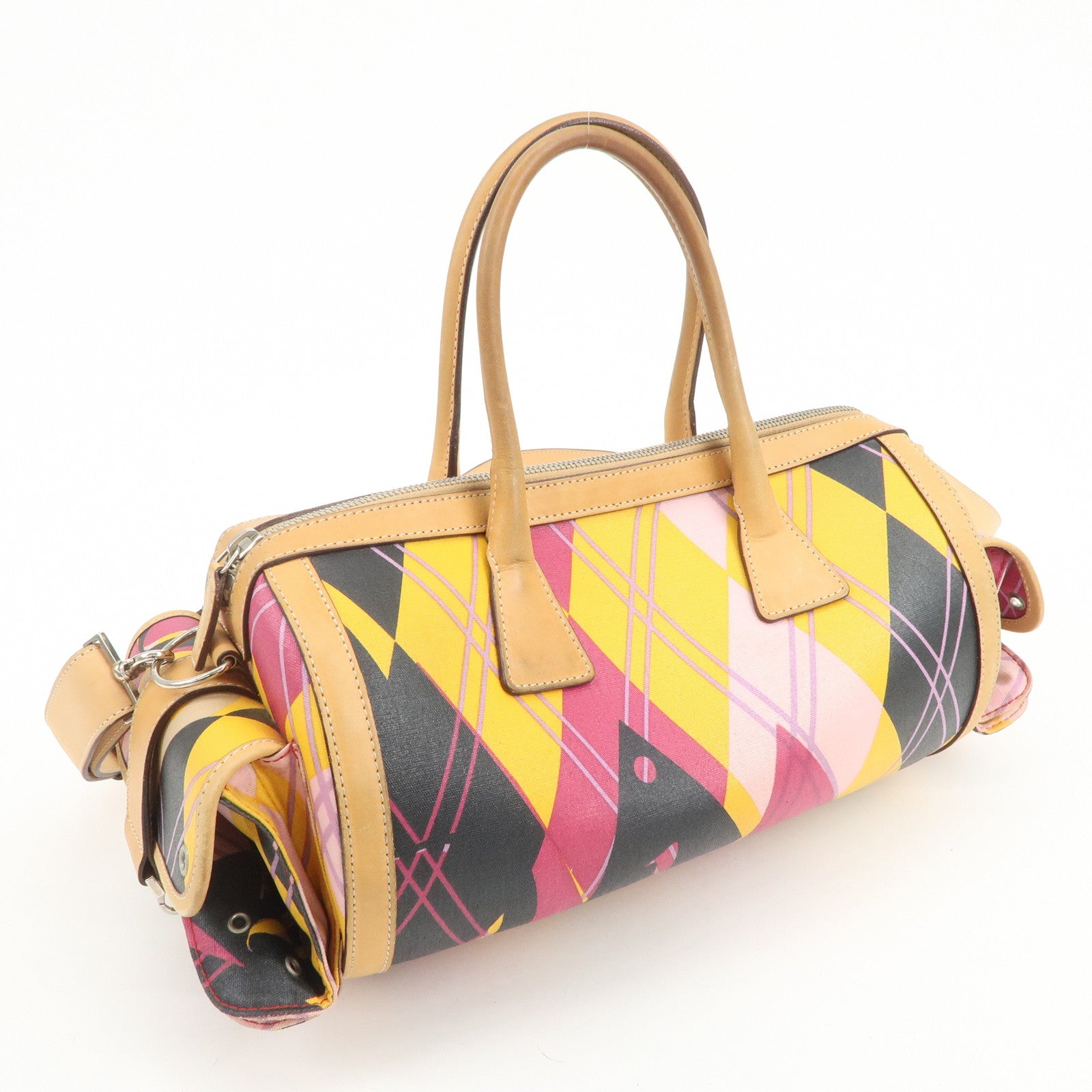 Christian Dior PVC Leather 2Way Bag Boston Bag Yellow Pink Brown