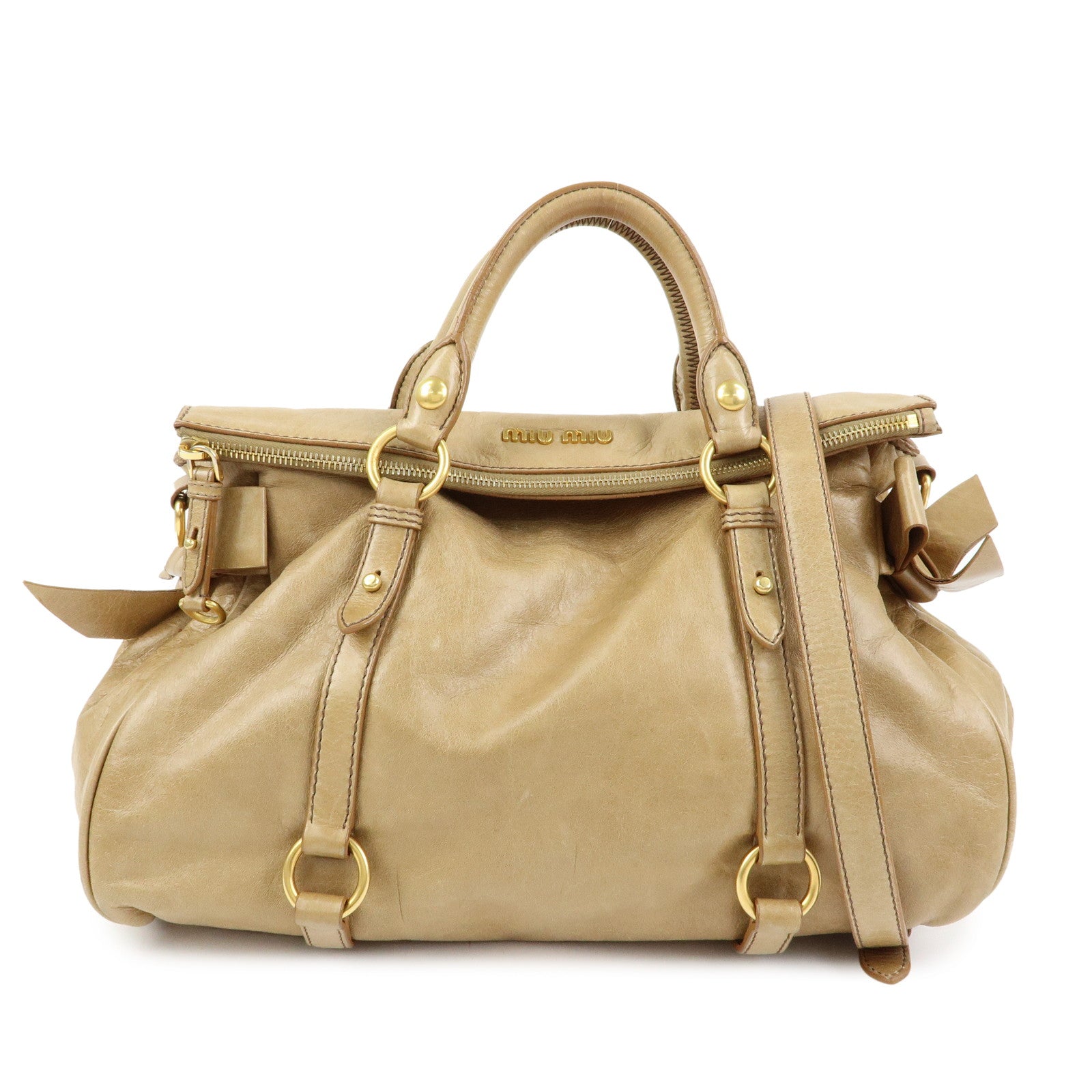 MIU MIU Leather 2Way Bag Hand Bag Shoulder Bag Beige RT0438