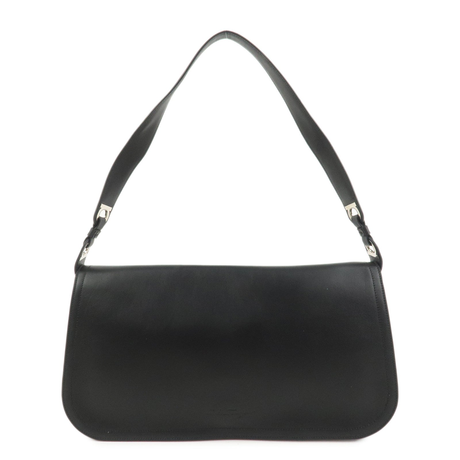 Ferragamo Gancini Logo Leather Shoulder Bag Hand Bag Black