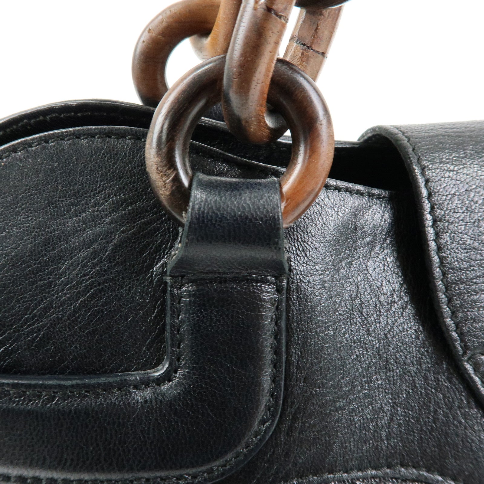 Ferragamo Gancini Leather Wood Shoulder Bag Hand Bag Black Brown