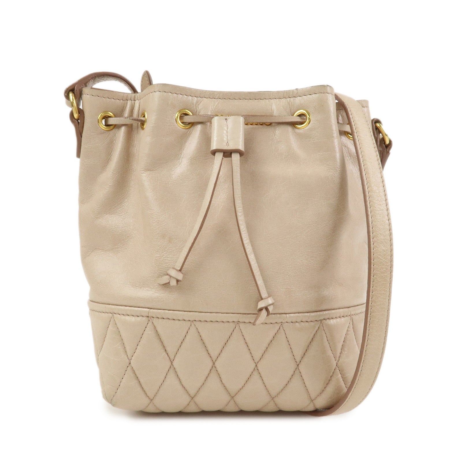 MIU MIU Logo Leather Drawstring Shoulder Bag Crossbody Bag Beige