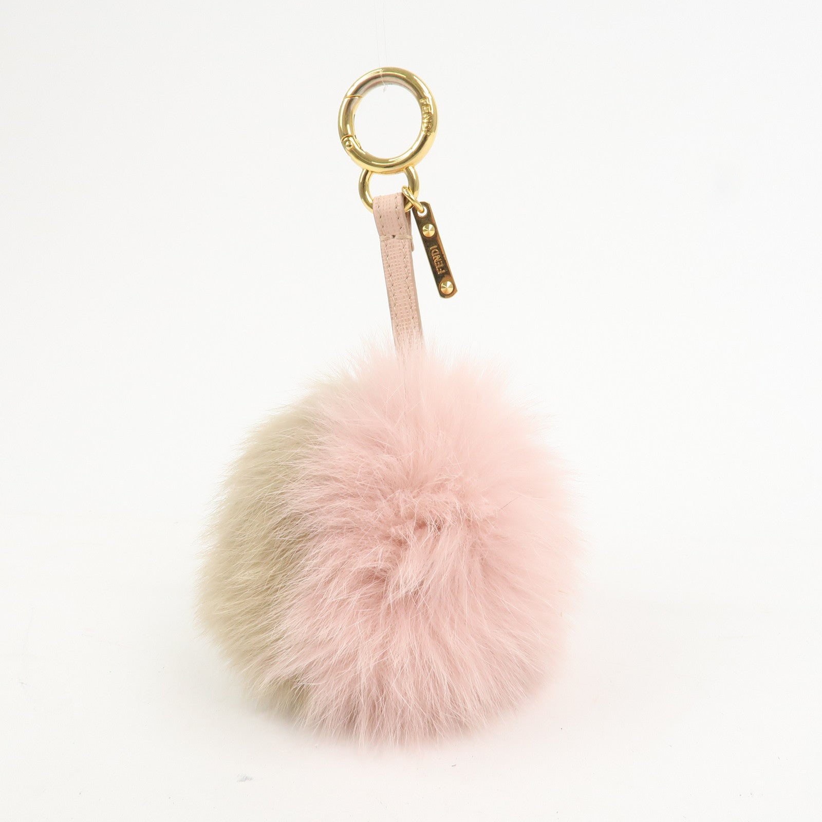FENDI Pompom Fur Bag Charm Key Ring Brown Pink A7R259