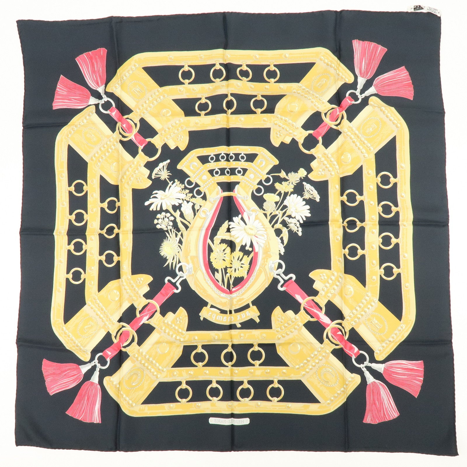 HERMES Carre 90 Silk 100% aux champs Scarf Black Yellow Red
