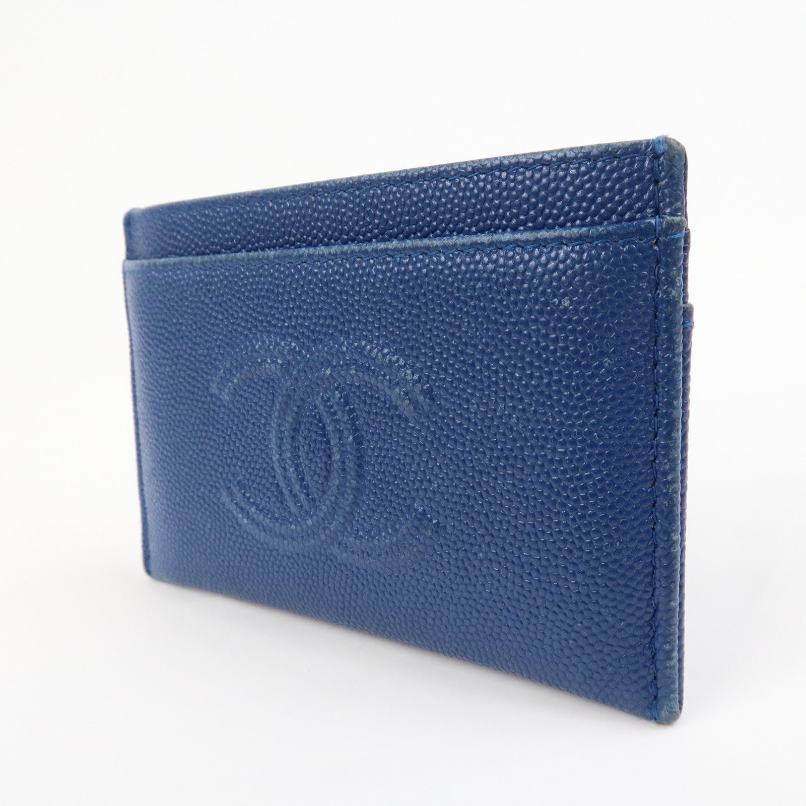 CHANEL Logo Caviarskin Leather Card Case Card Holder Blue